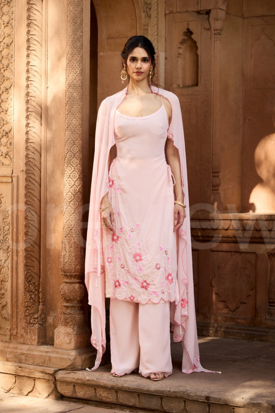 Raaya Baby Pink Hand-Embroidered Sleeveless Kurta Set