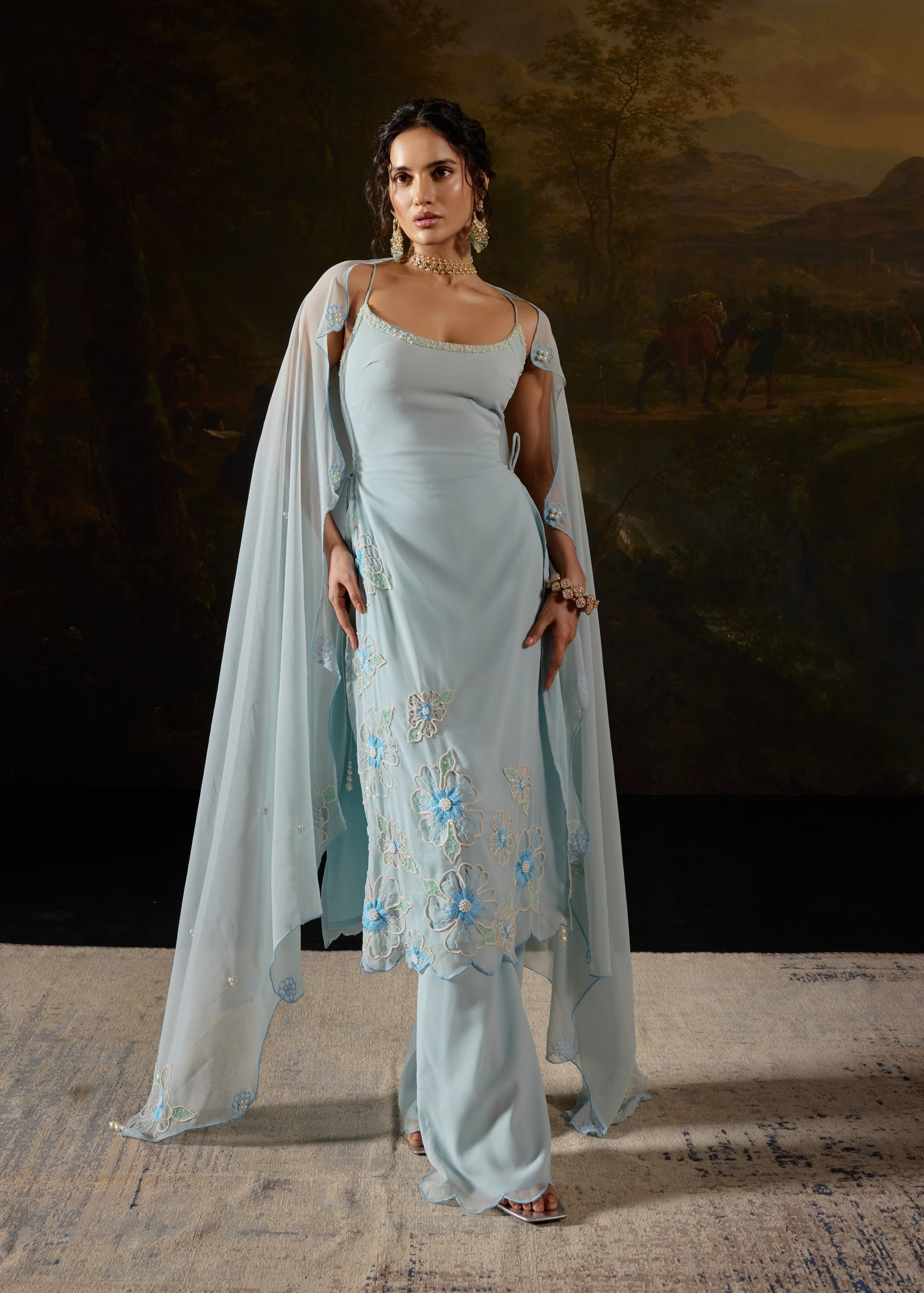 Raaya Baby Blue Hand-Embroidered Sleeveless Suit