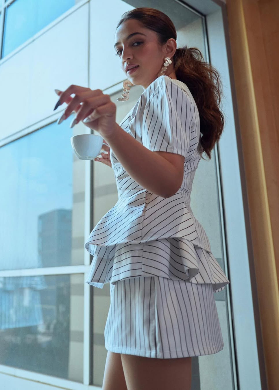 Bexley White Asymmetrical Striped Top with Mini Shrug