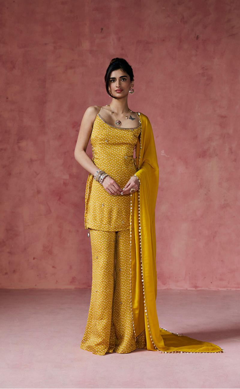 Ria Mustard Bandhani Embellished Sharara Set
