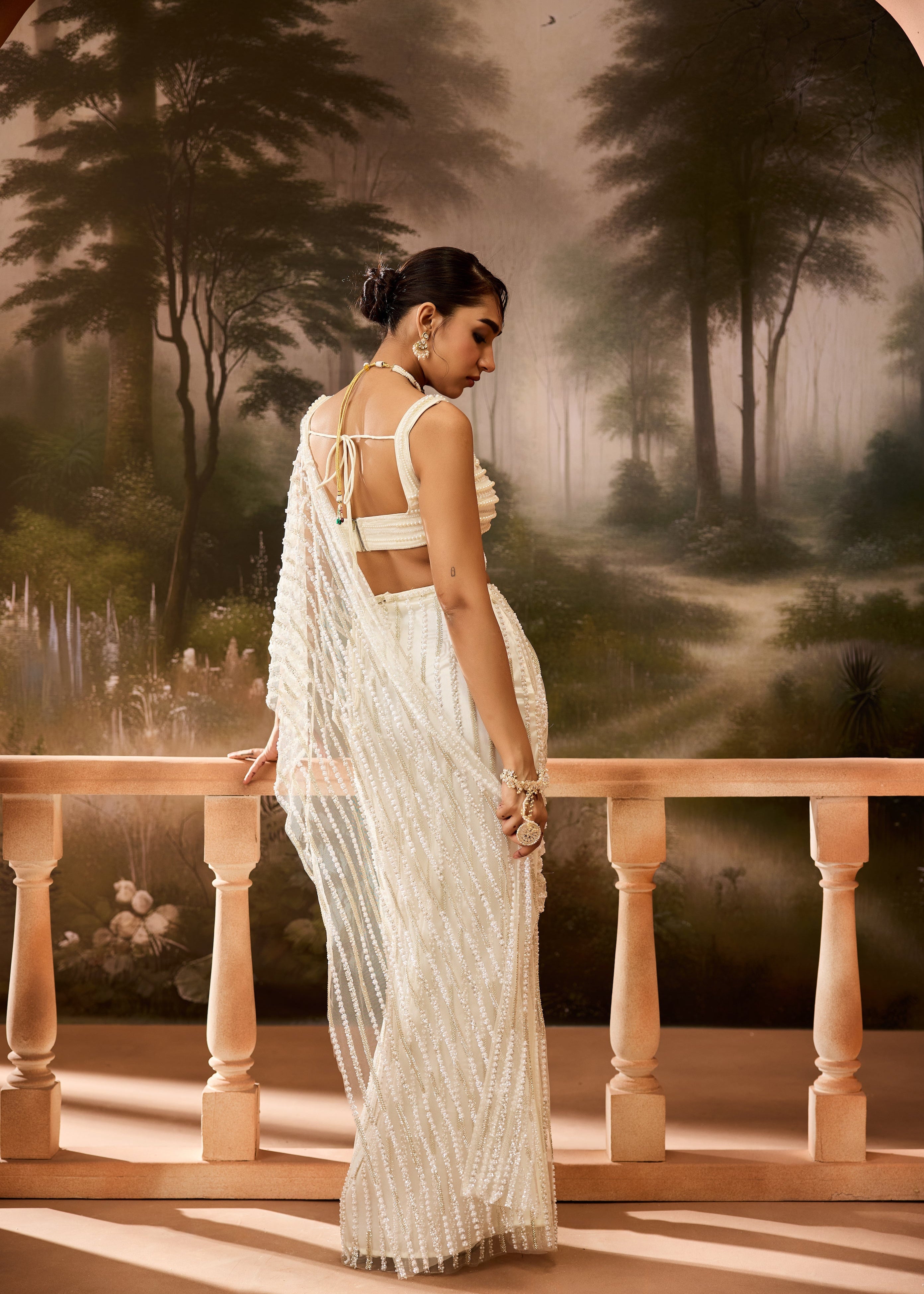 Aafdah White Pearl Embellished Saree