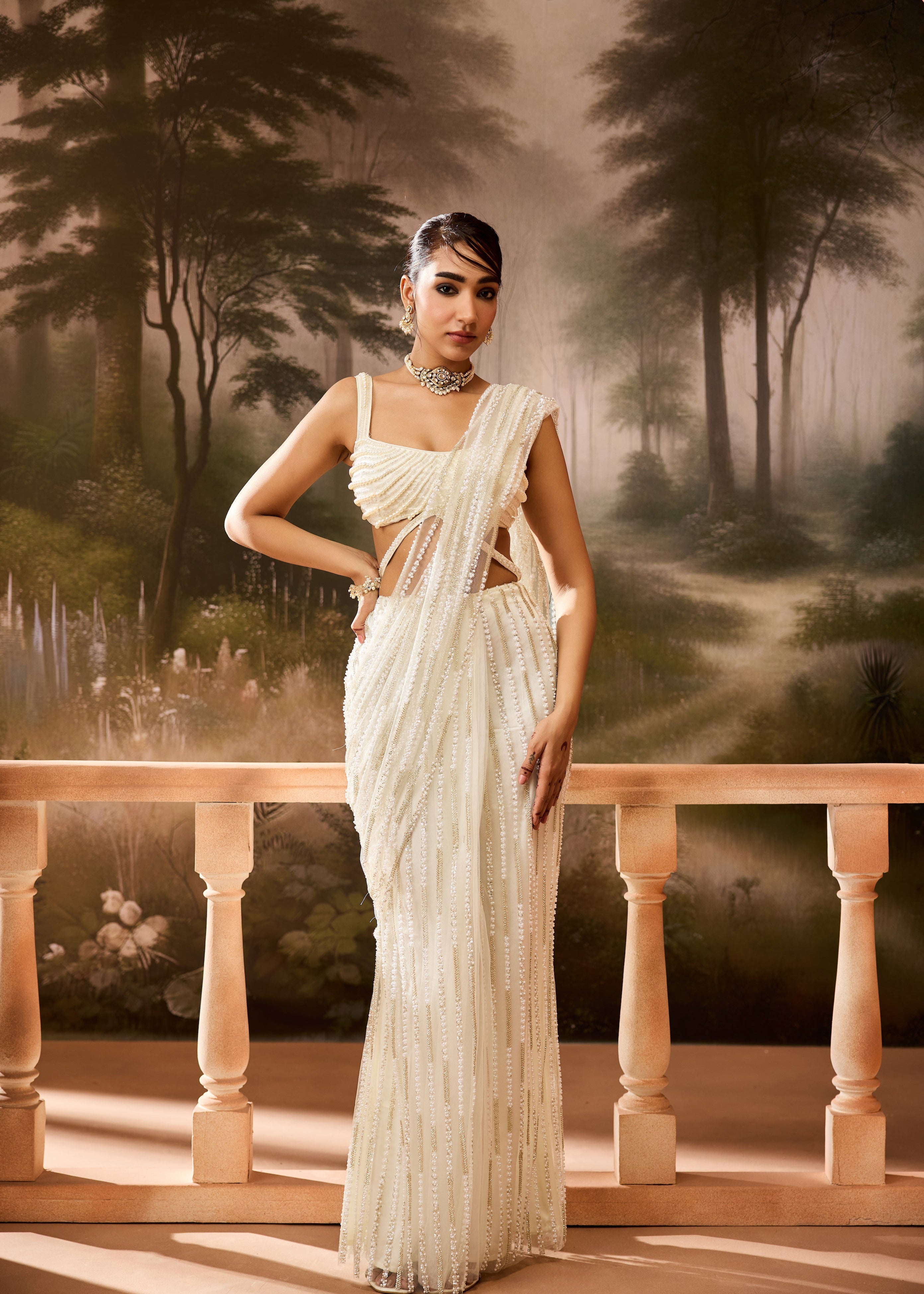 Aafdah White Pearl Embellished Saree