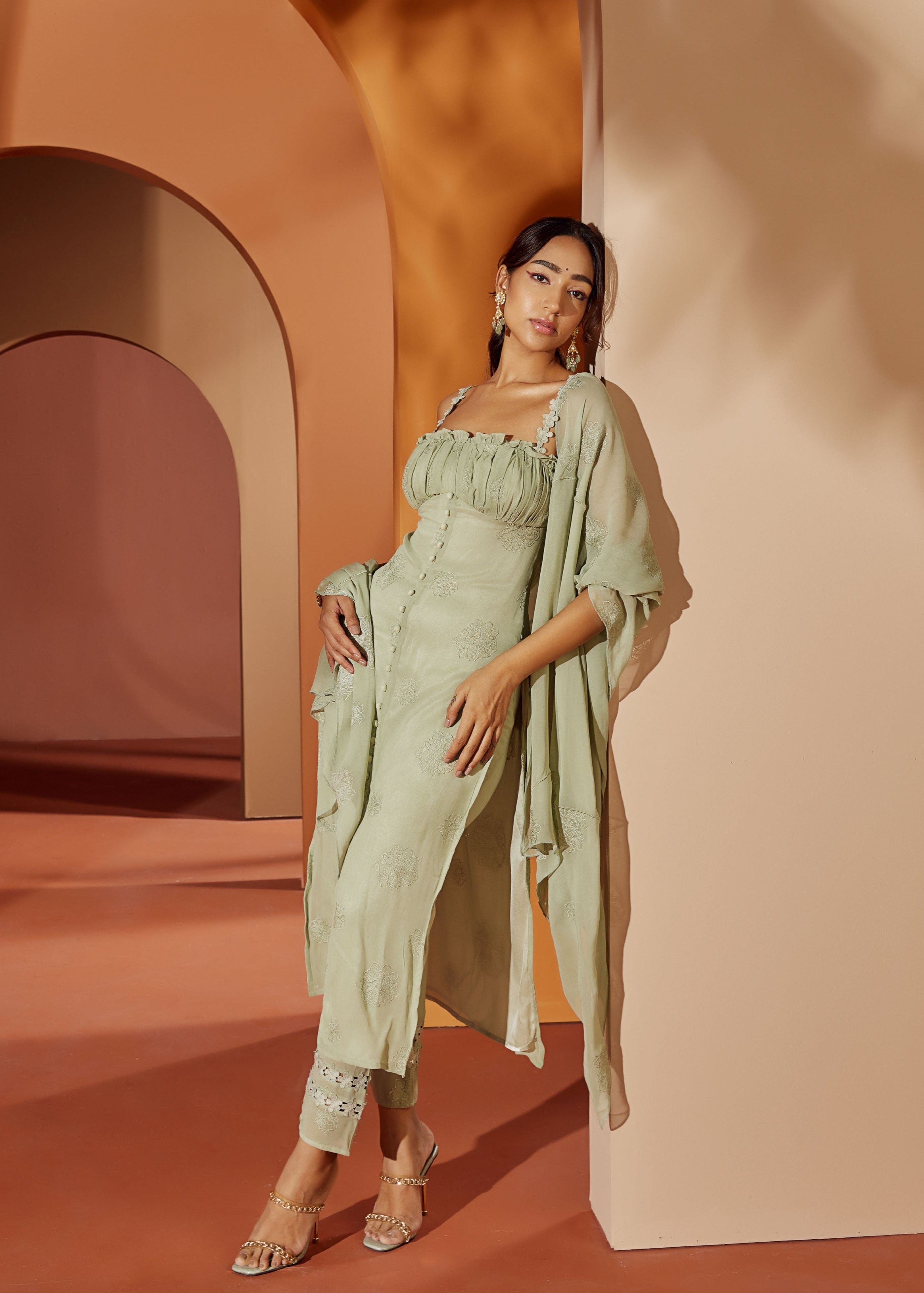 Aarya Sage Green Embroidered Georgette Kurta Set featuring delicate embroidery on soft georgette fabric for a refined and elegant appearance