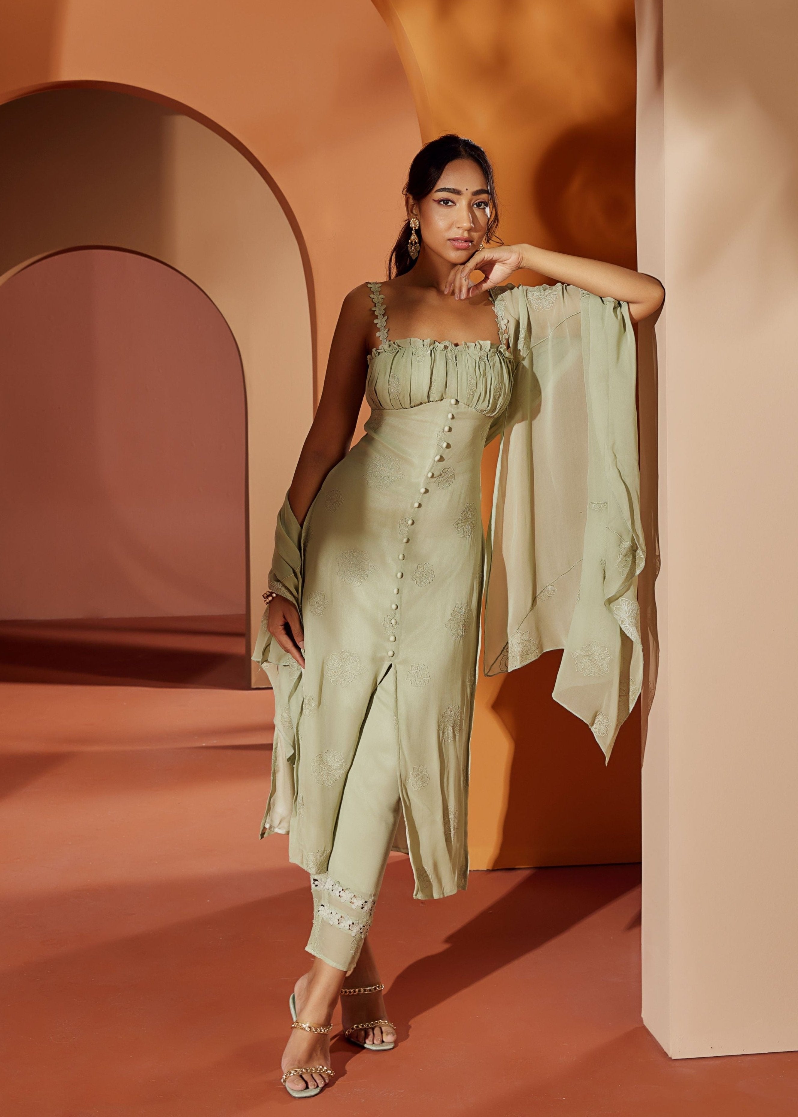 Aarya Sage Green Embroidered Georgette Kurta Set featuring delicate embroidery on soft georgette fabric for a refined and elegant appearance