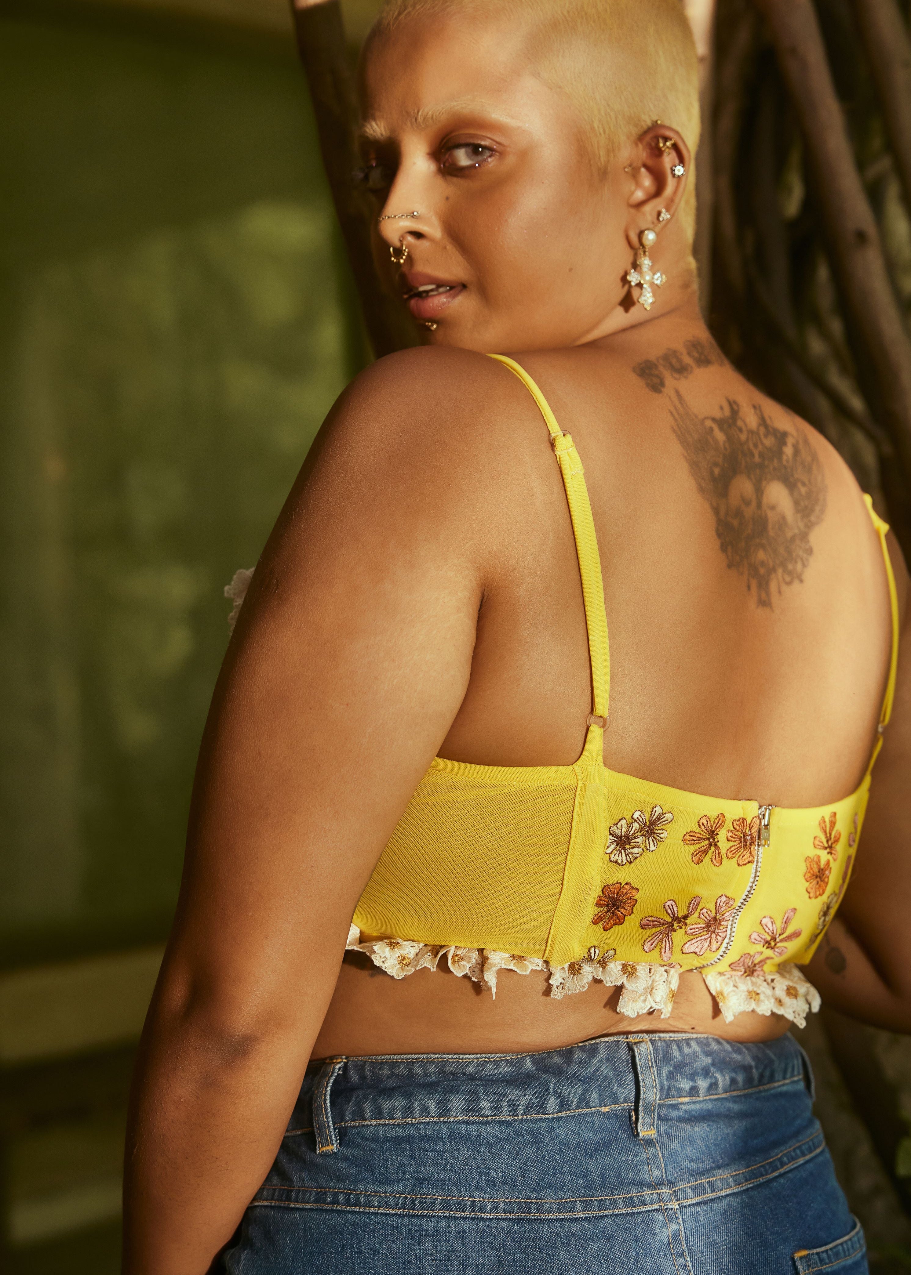 Amaya Yellow Embroidered Longline Corset Bra with intricate embroidery and a vibrant yellow hue