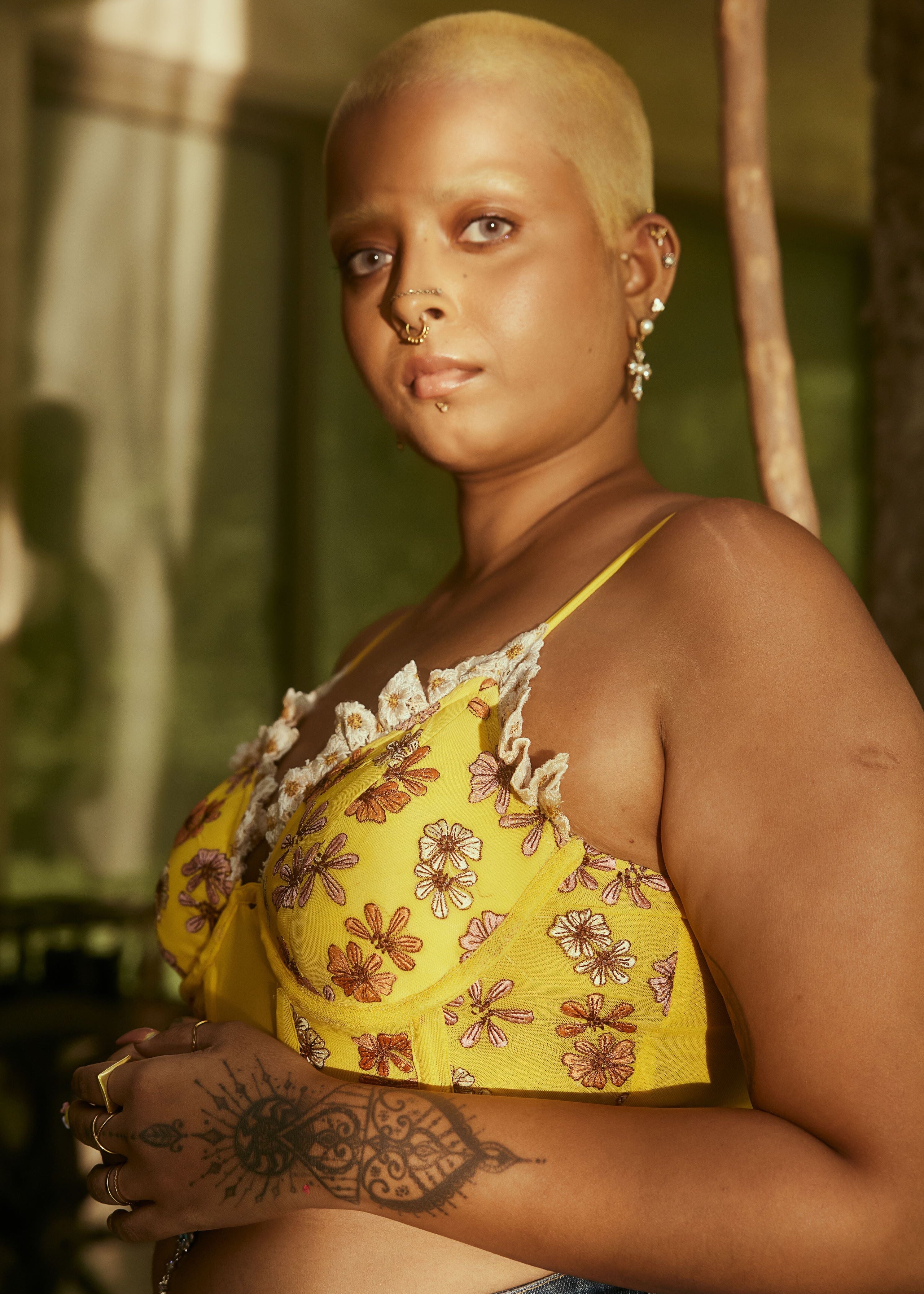 Amaya Yellow Embroidered Longline Corset Bra with intricate embroidery and a vibrant yellow hue