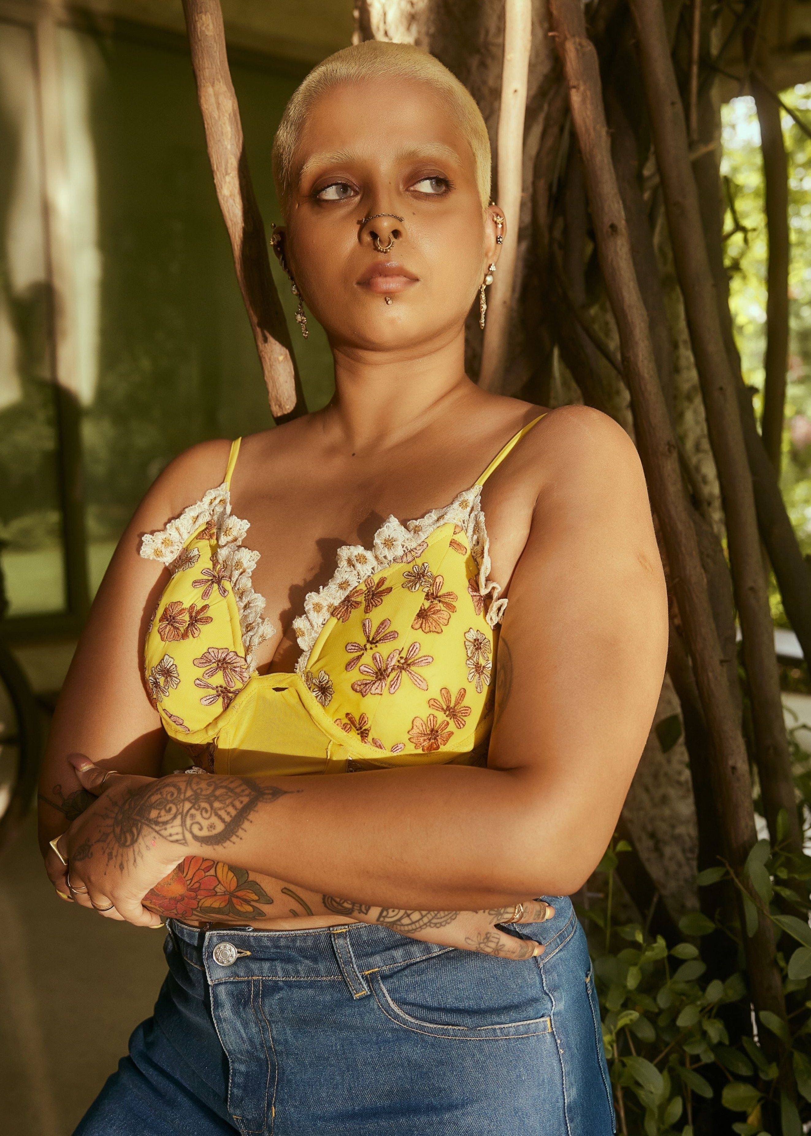 Amaya Yellow Embroidered Longline Corset Bra with intricate embroidery and a vibrant yellow hue