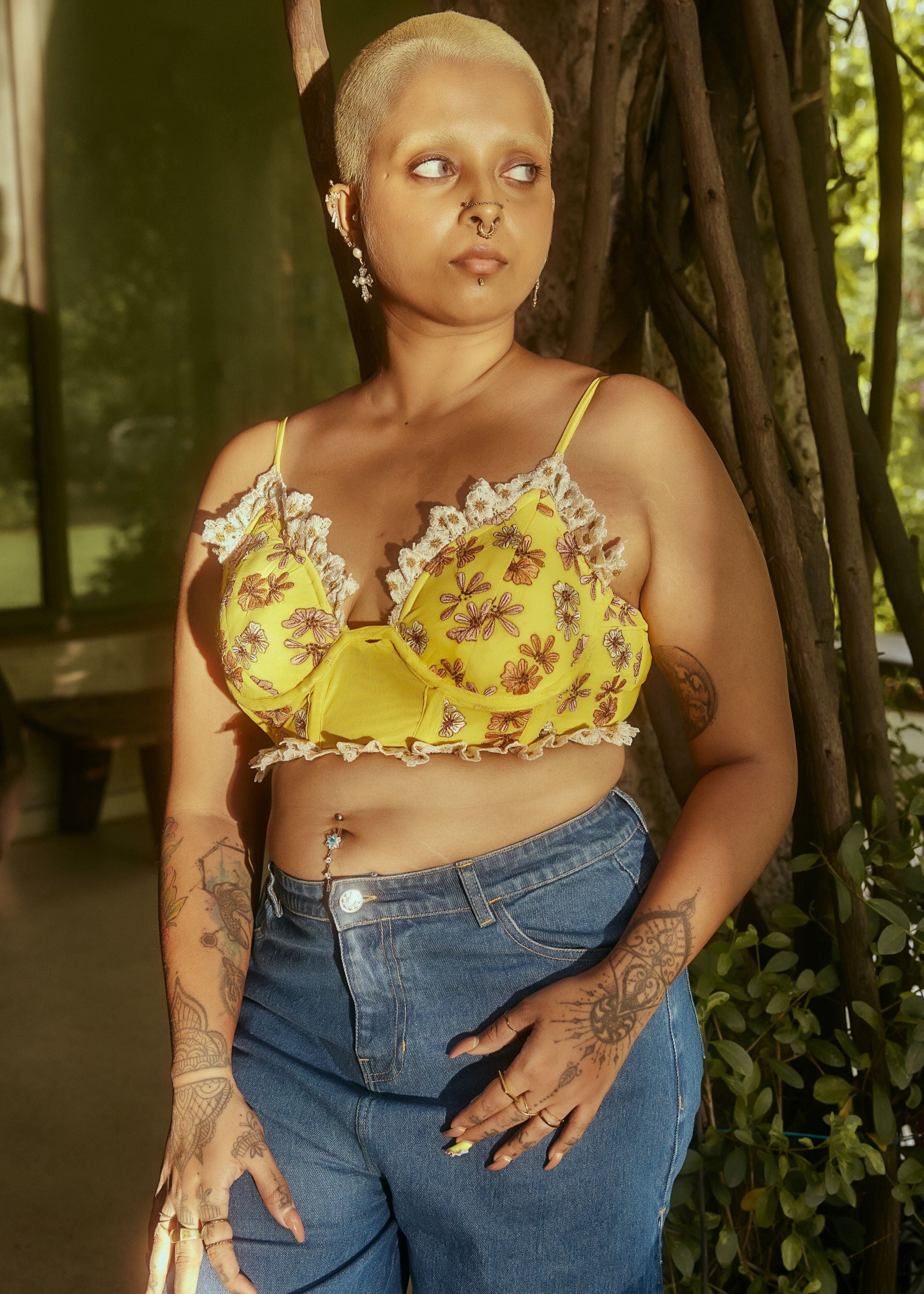 Amaya Yellow Embroidered Longline Corset Bra with intricate embroidery and a vibrant yellow hue