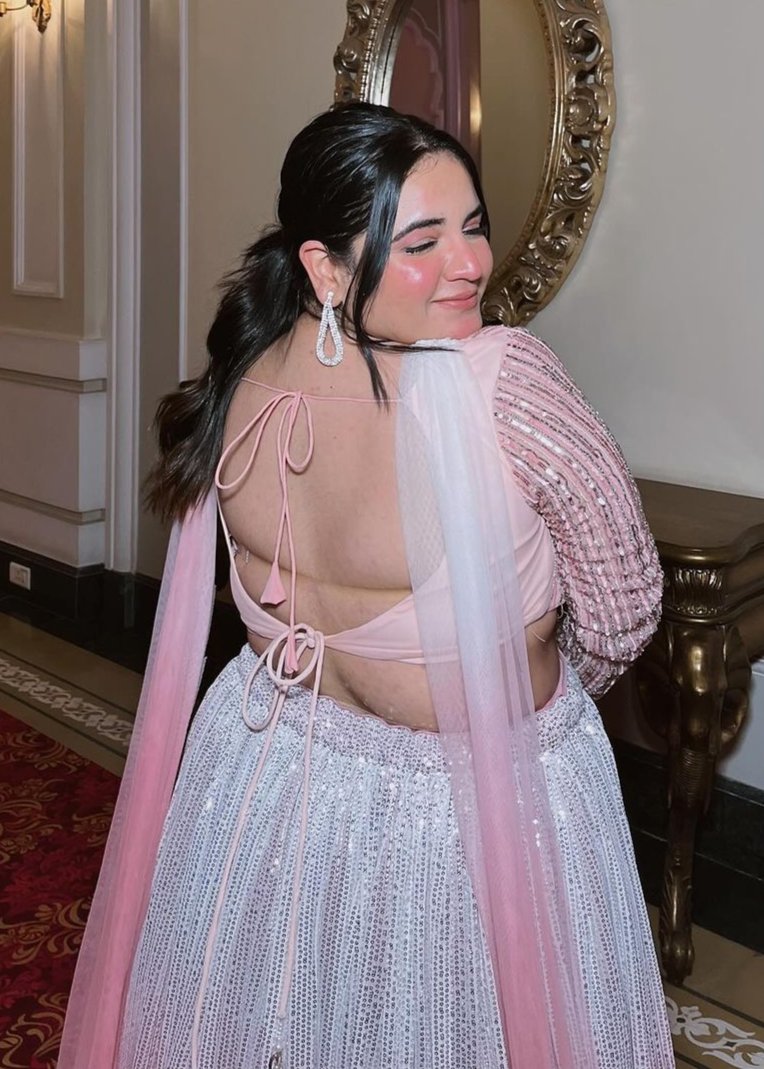 Anaisha Pink Ombre Embroidered Lehenga Set with a gradient pink color and intricate embroidery.