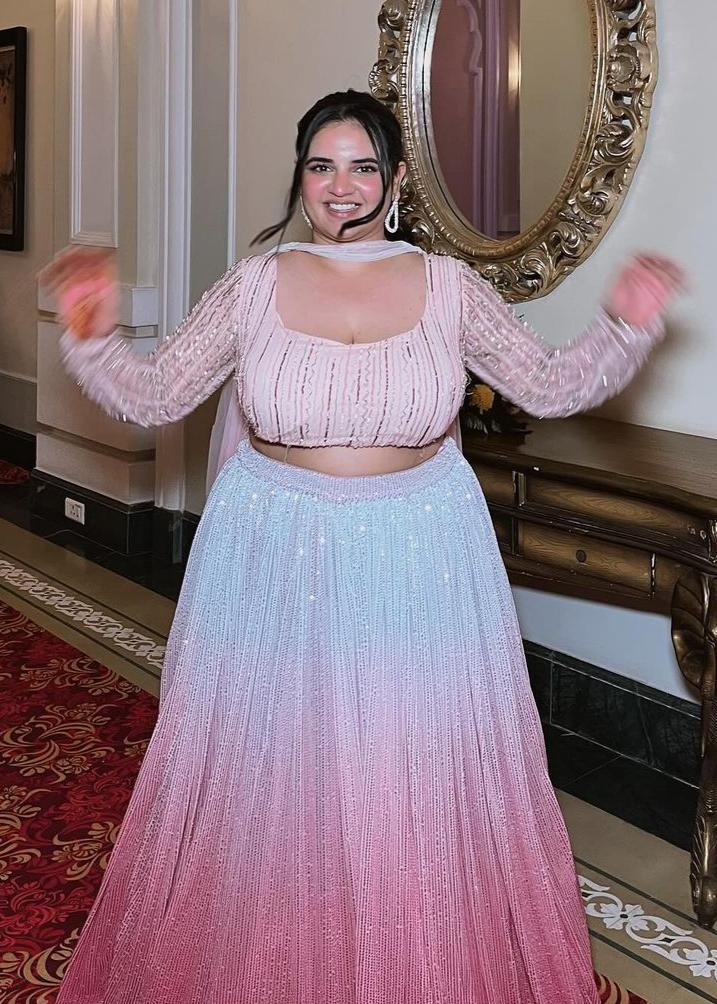 Anaisha Pink Ombre Embroidered Lehenga Set with a gradient pink color and intricate embroidery.