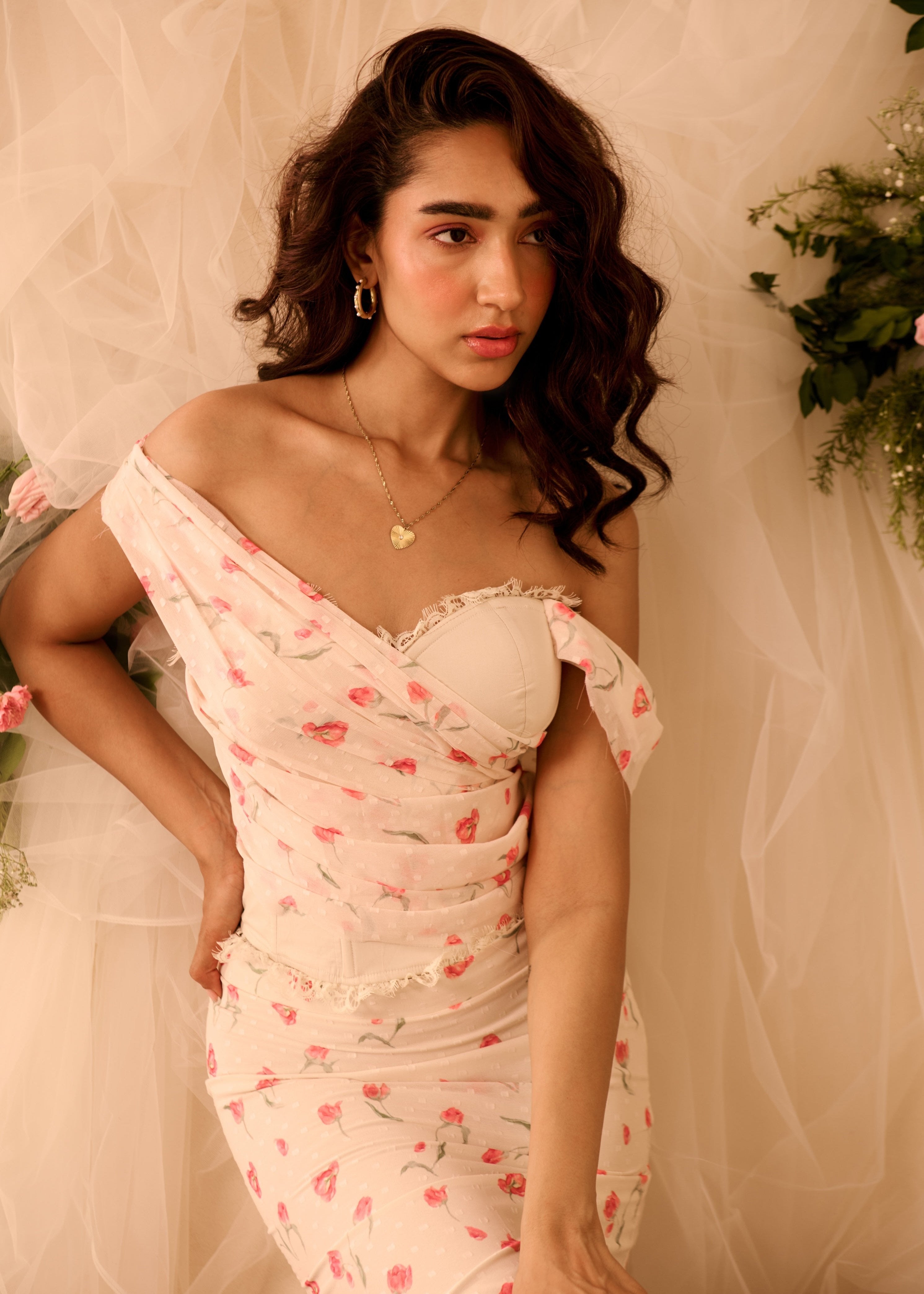 Angeliki White Floral Printed Corset Top with Midi Skirt