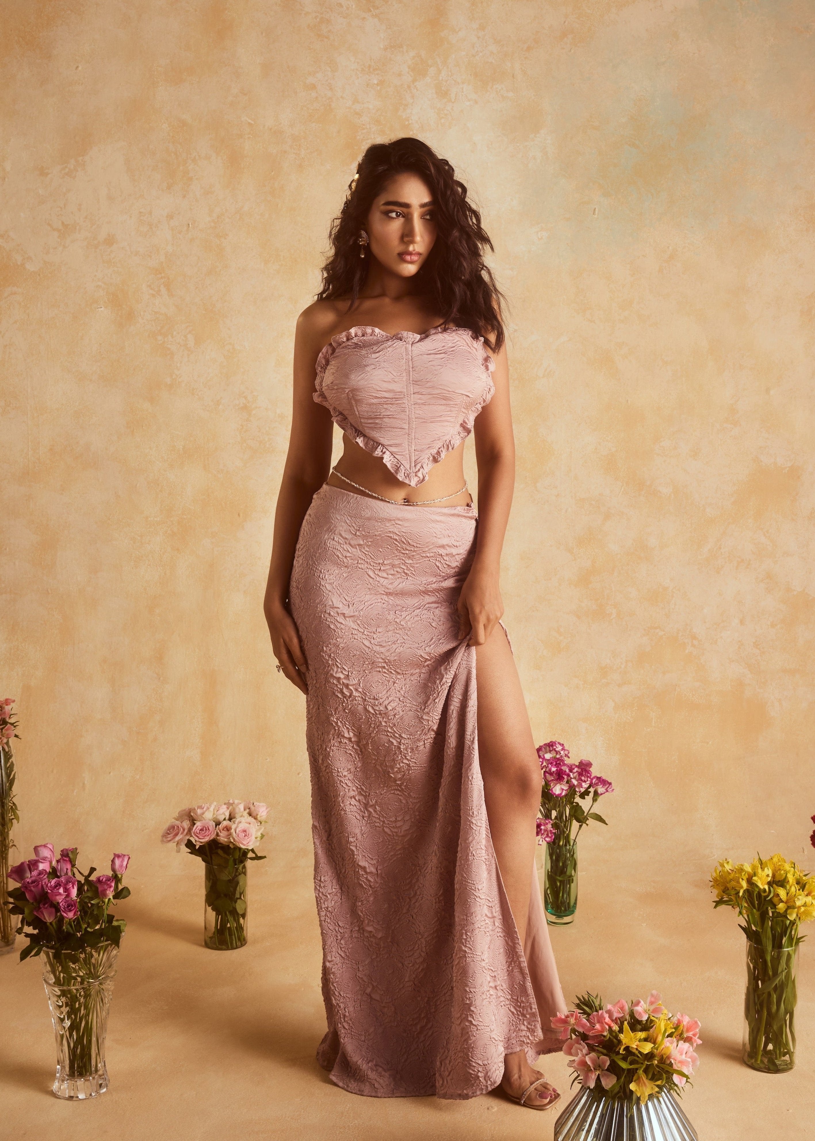 Antonina Mauve Heart Shape Corset and Skirt Set, showcasing a romantic ensemble with a heart-shaped corset and coordinating skirt in mauve.