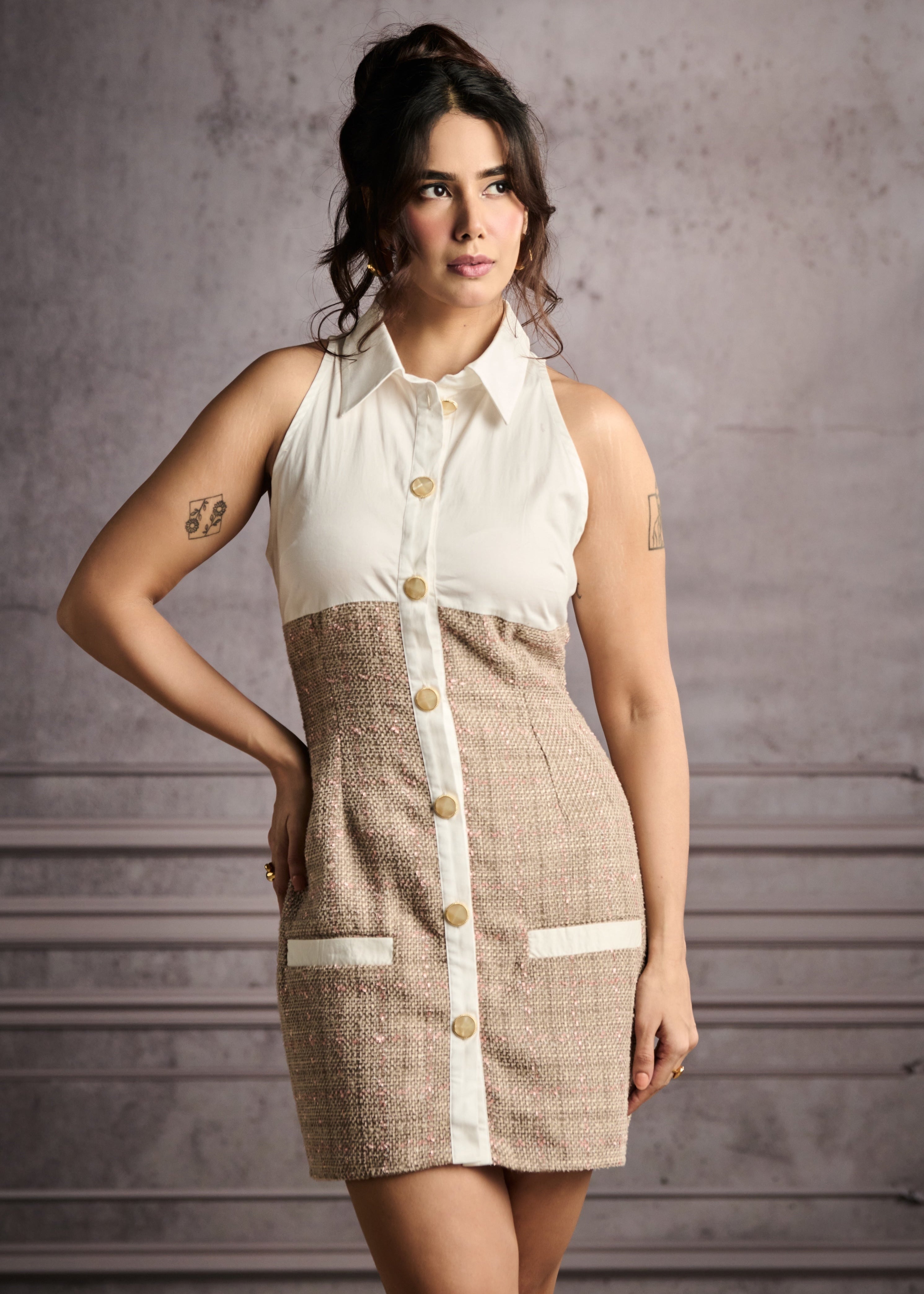 Arizona Beige and White Tweed Mini Shirt Dress