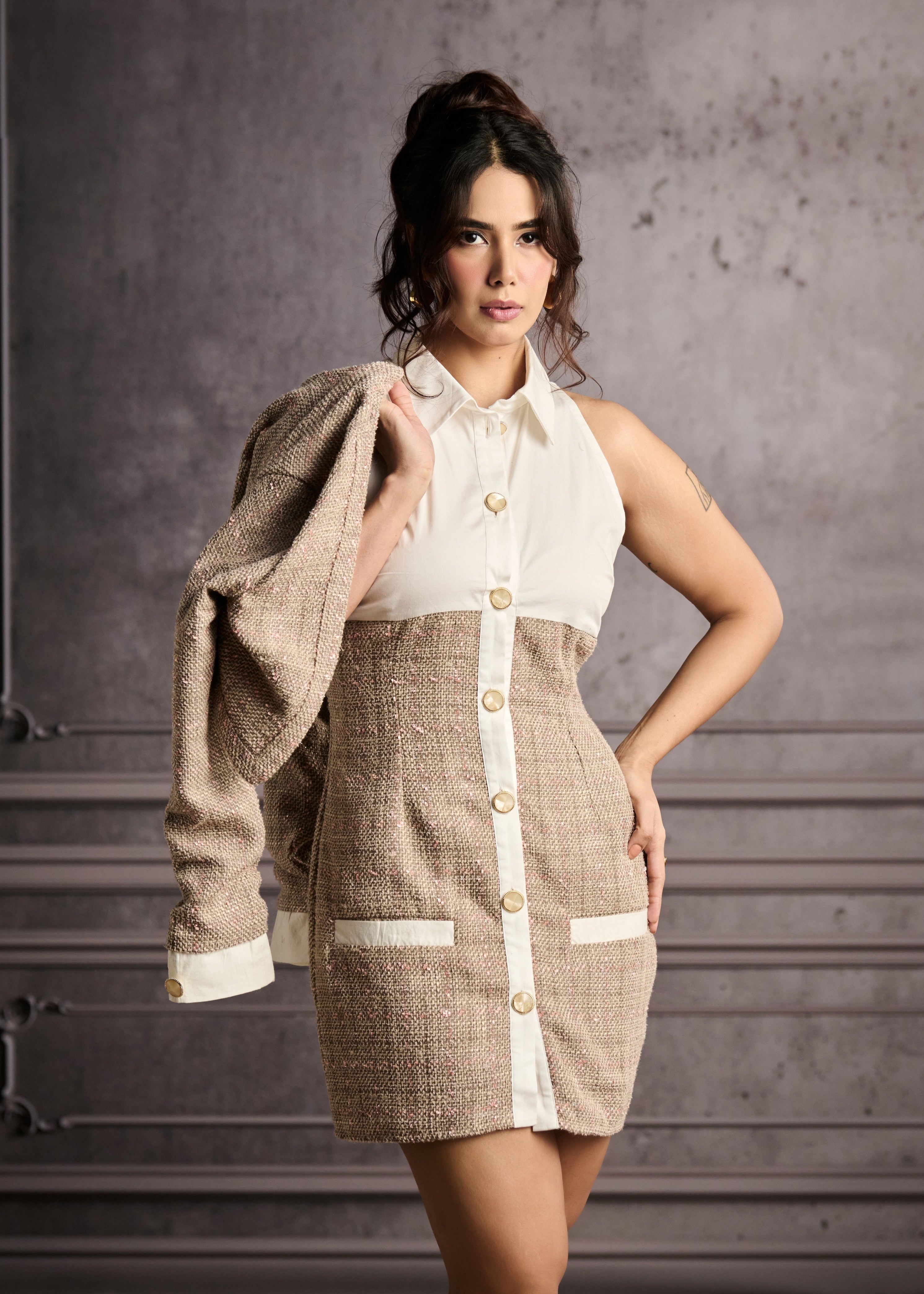 Arizona Beige and White Tweed Mini Shirt Dress