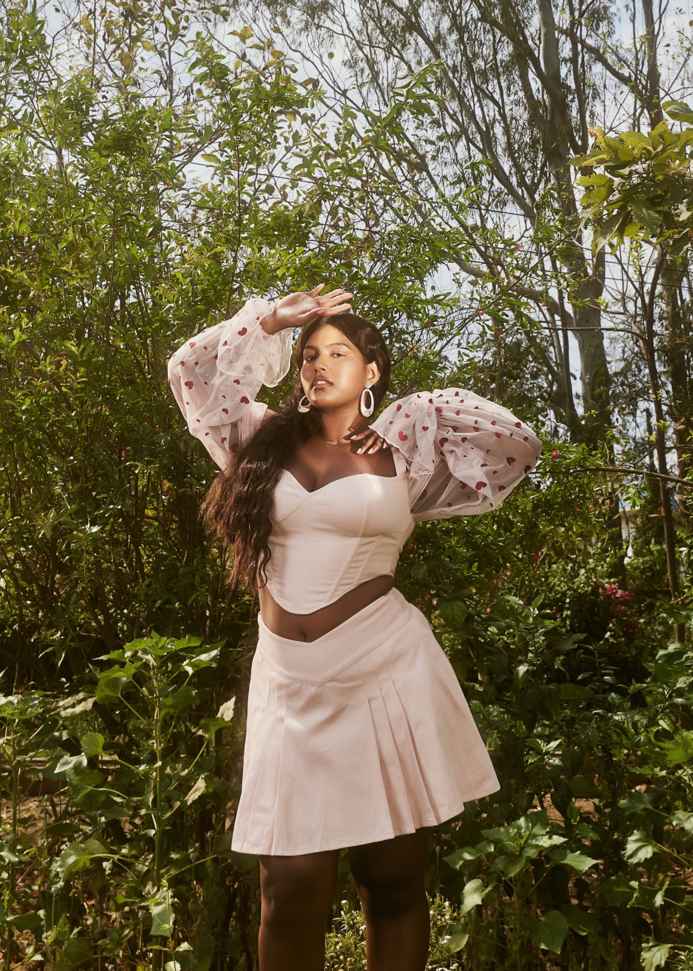Ashlyn Blush Heart Embroidered Corset & Skirt Set featuring a blush corset with heart embroidery and a matching skirt