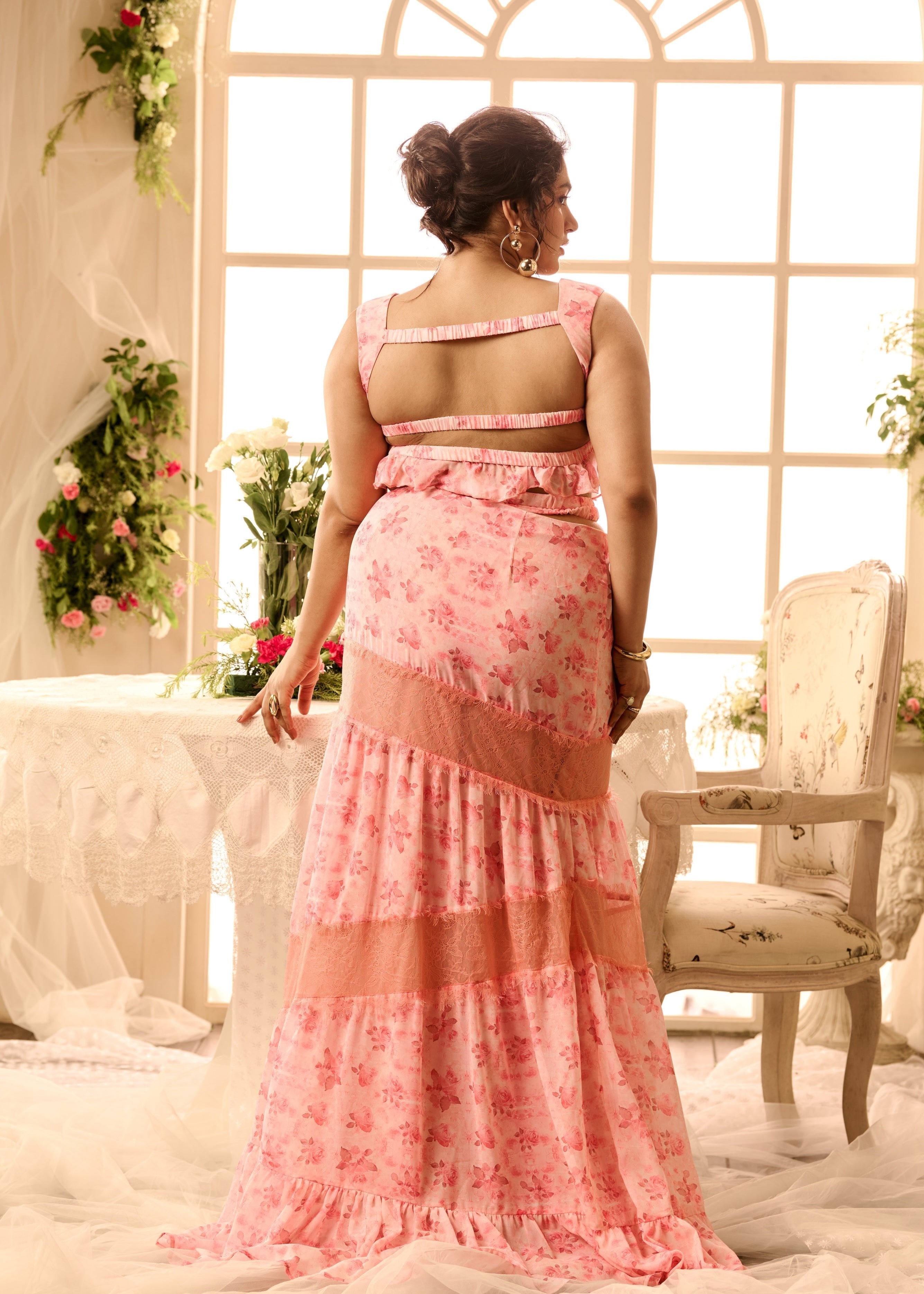 Asmara Pink Floral Printed Crop Top + Skirt Set