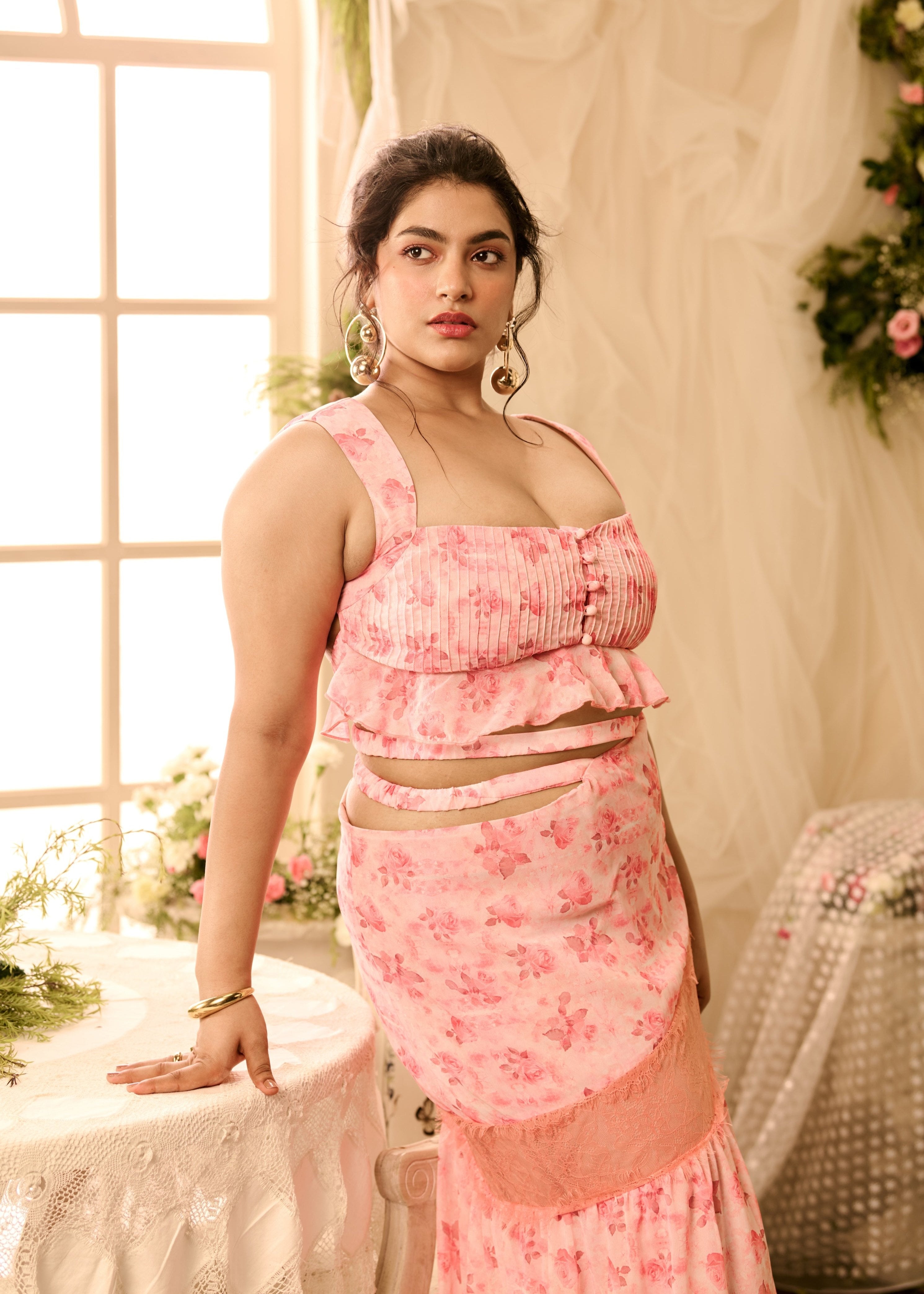 Asmara Pink Floral Printed Crop Top + Skirt Set