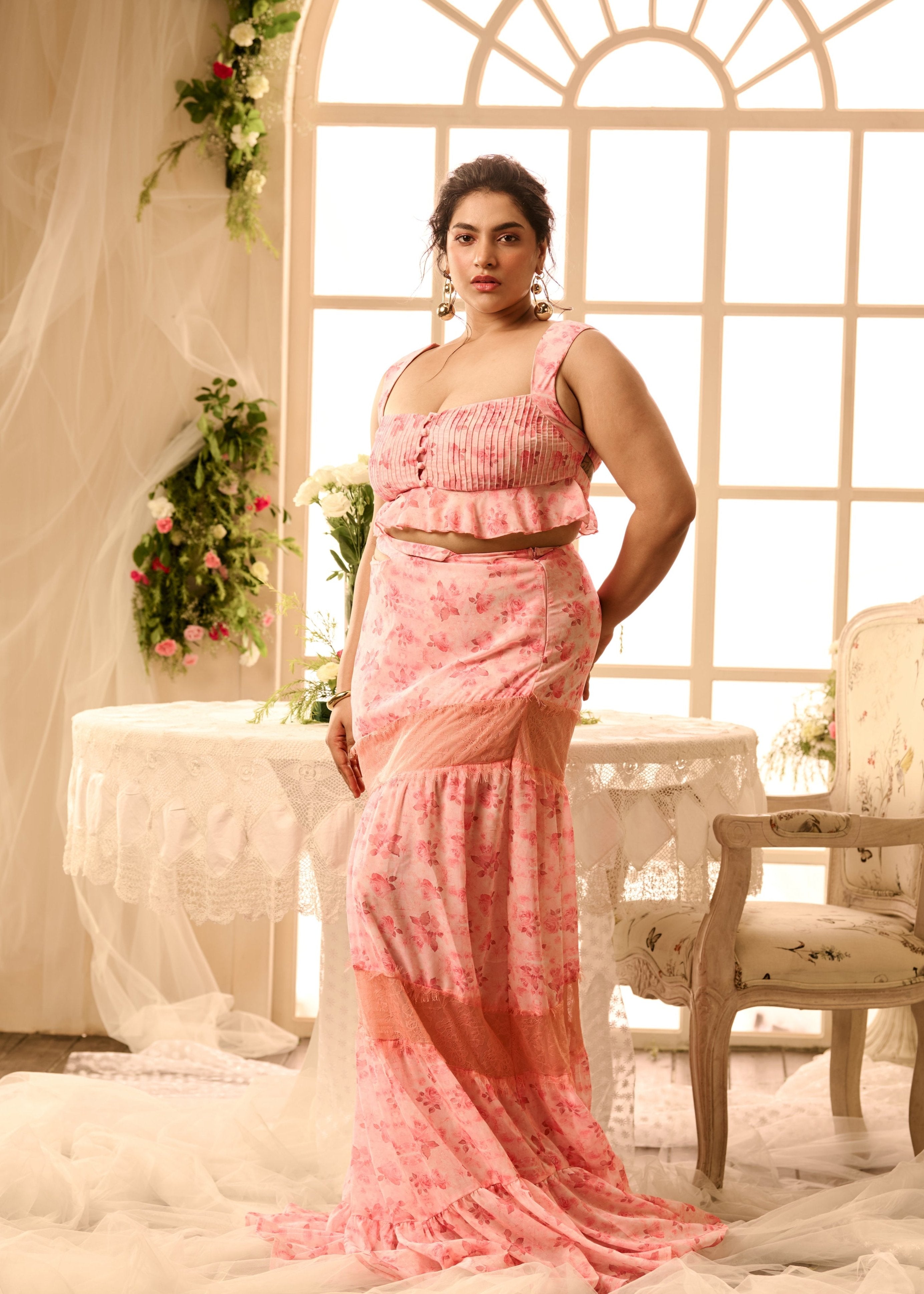 Asmara Pink Floral Printed Crop Top + Skirt Set