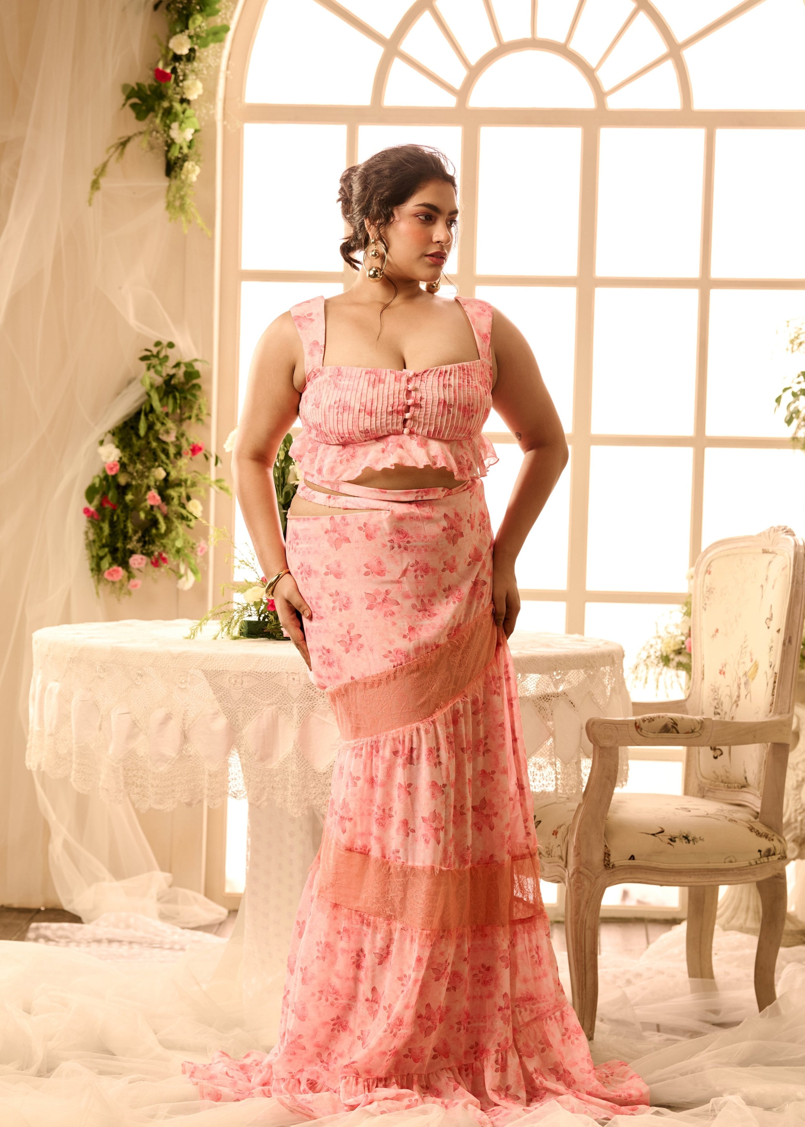 Asmara Pink Floral Printed Crop Top + Skirt Set