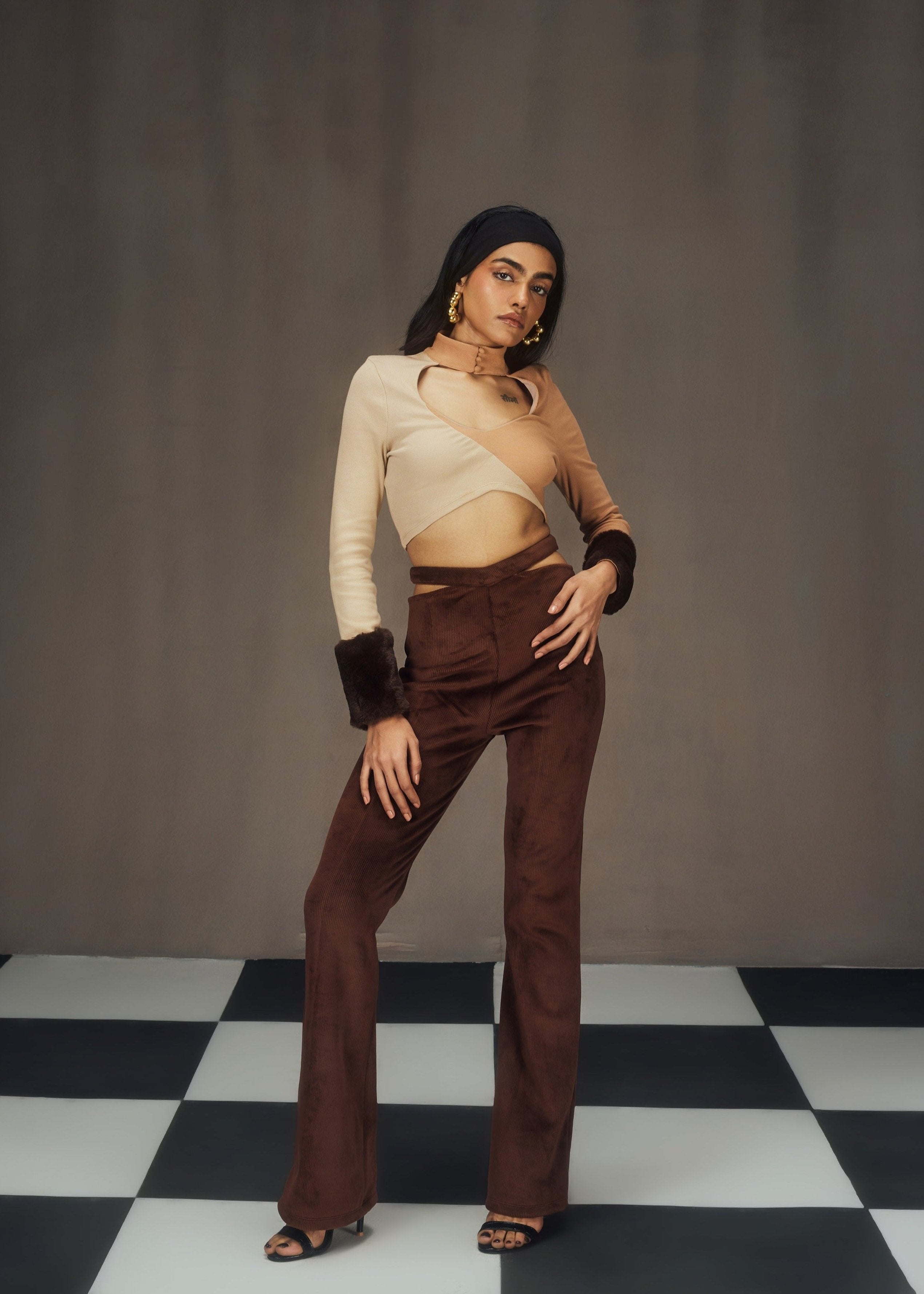 Autumn Turtle Neck Cutout Crop Top and Textured Velvet Pants Set
