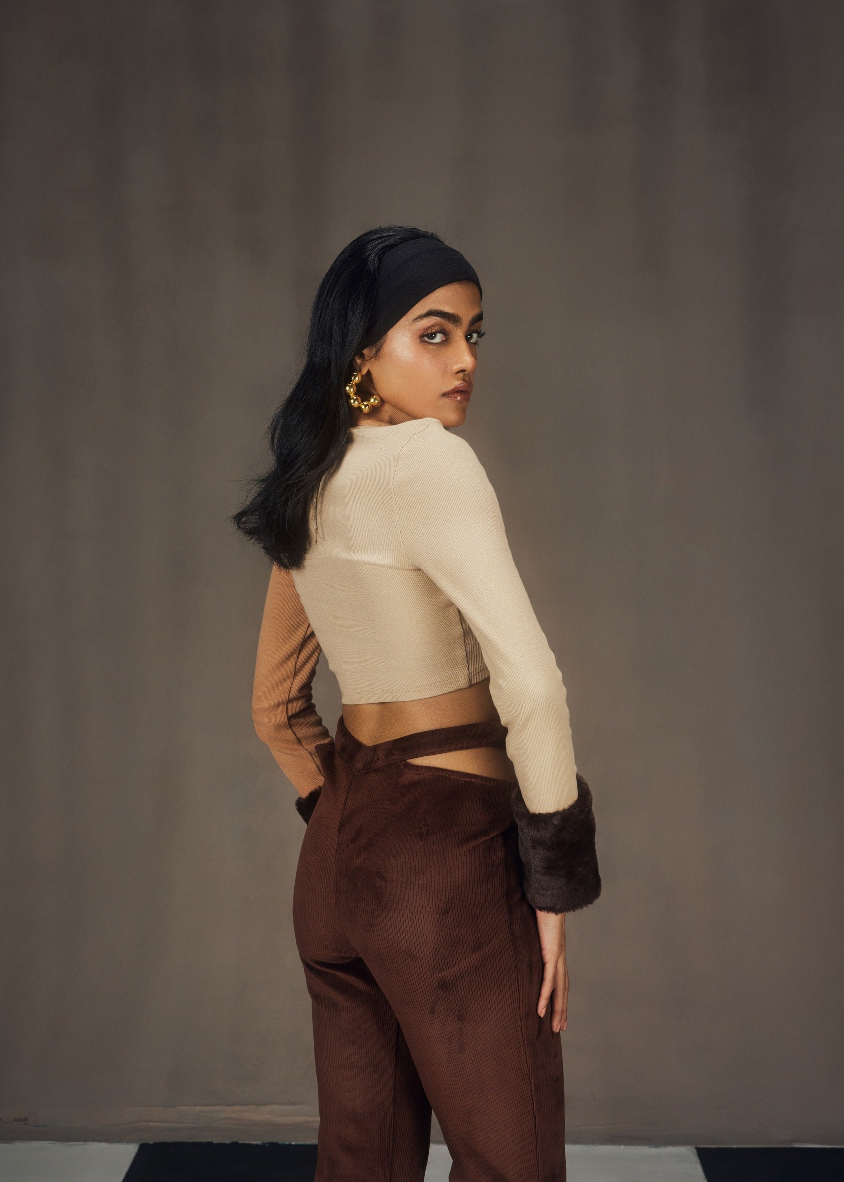 Autumn Turtle Neck Cutout Crop Top and Textured Velvet Pants Set
