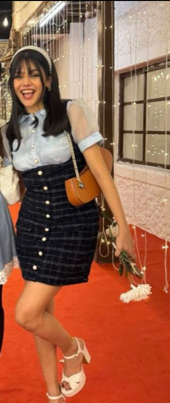 Chic Barbara Blue Tweed Pinafore Dress and Organza Shirt Set with Classic Elegance