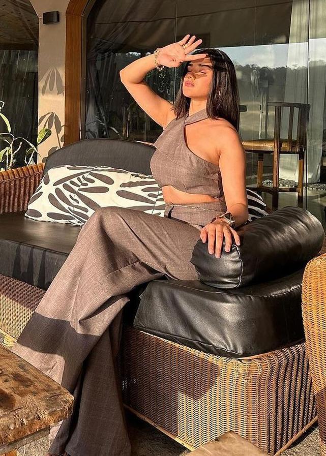 Trendy Belinda Brown Halter Crop Top and Wide Leg Pants Set with Effortless Style