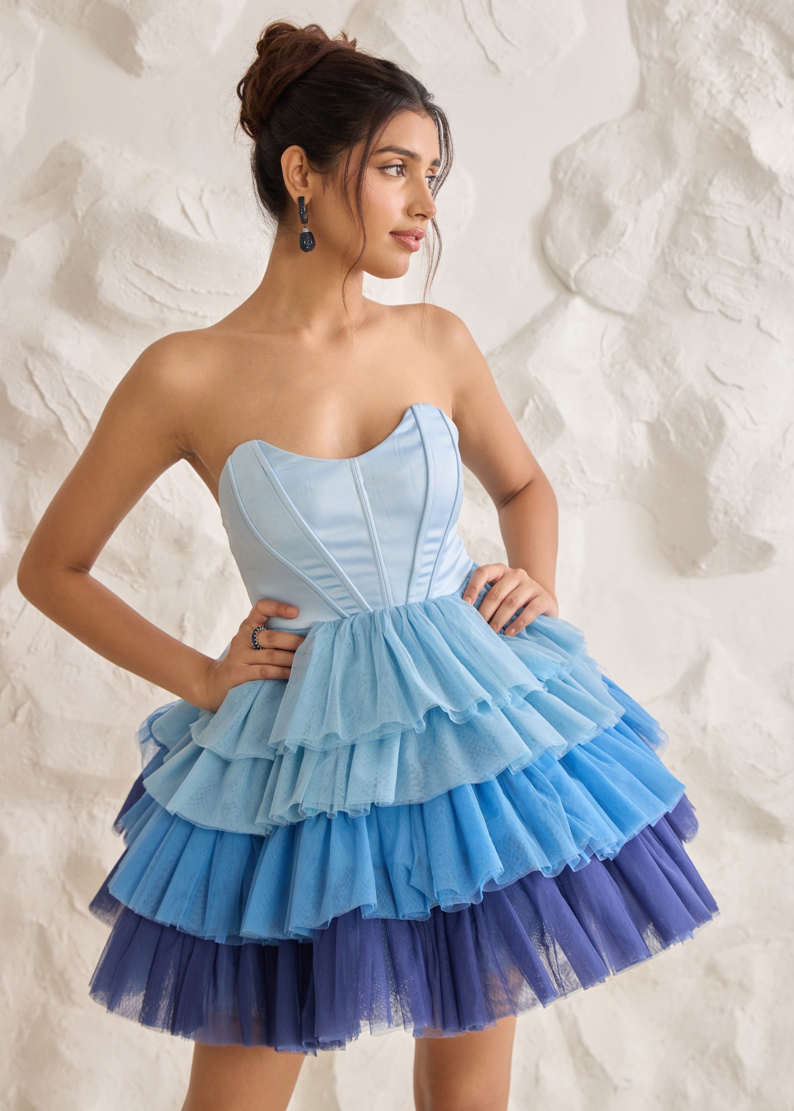 Belle Blue Ruffle Tulle Puff Corset Dress with layered tulle skirt and delicate ruffle details