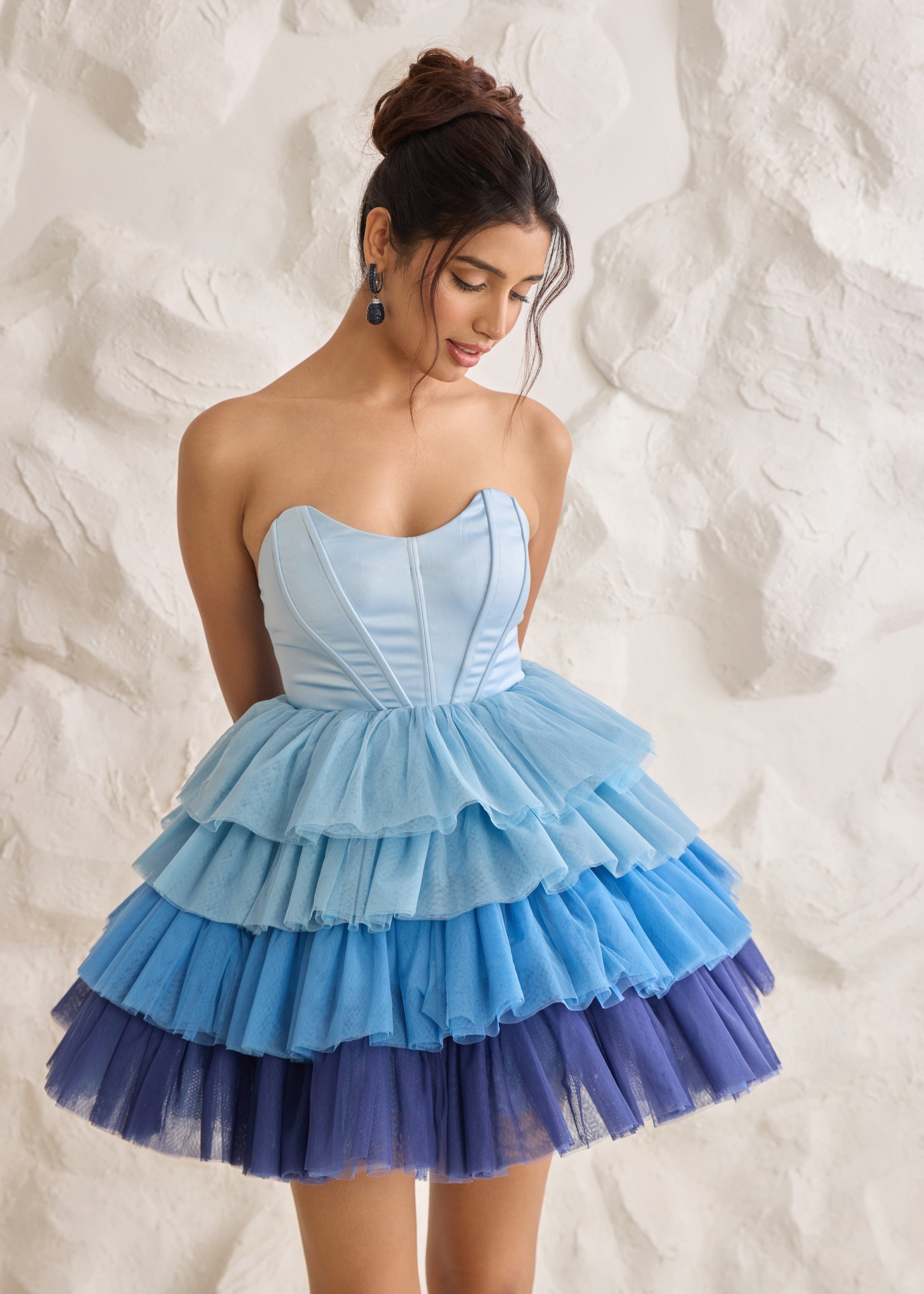 Belle Blue Ruffle Tulle Puff Corset Dress with layered tulle skirt and delicate ruffle details