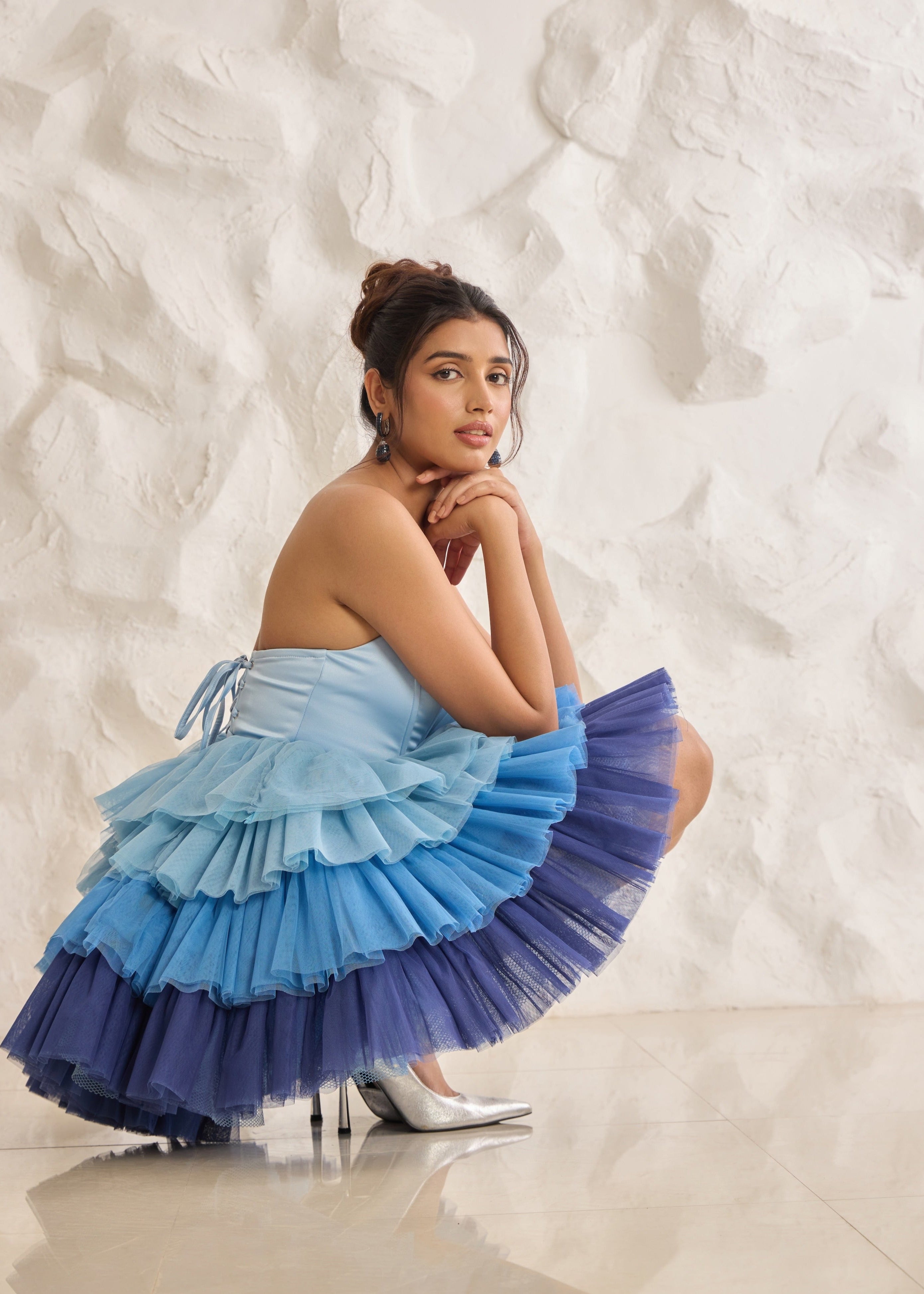Belle Blue Ruffle Tulle Puff Corset Dress with layered tulle skirt and delicate ruffle details