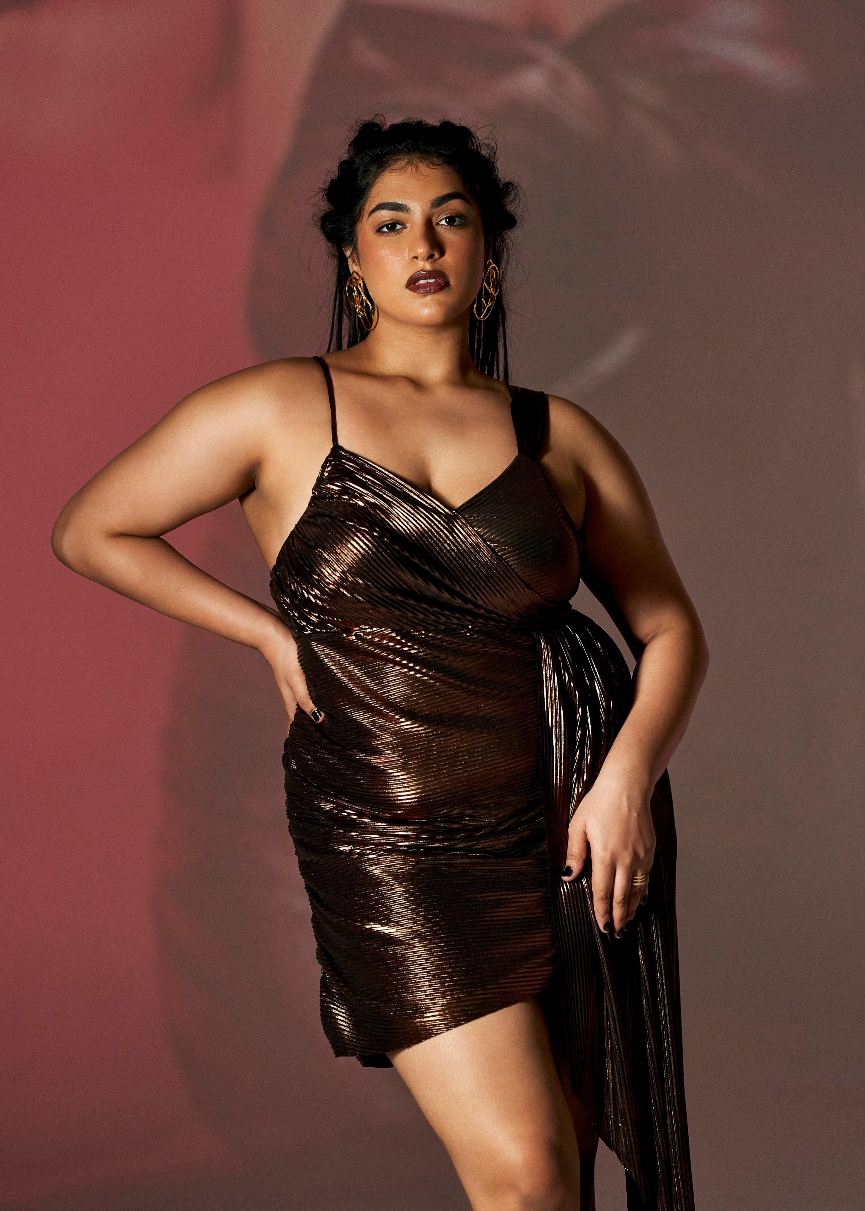 Brooke Brown Metallic Pleated Mini Dress with a shimmering metallic finish and stylish pleated details