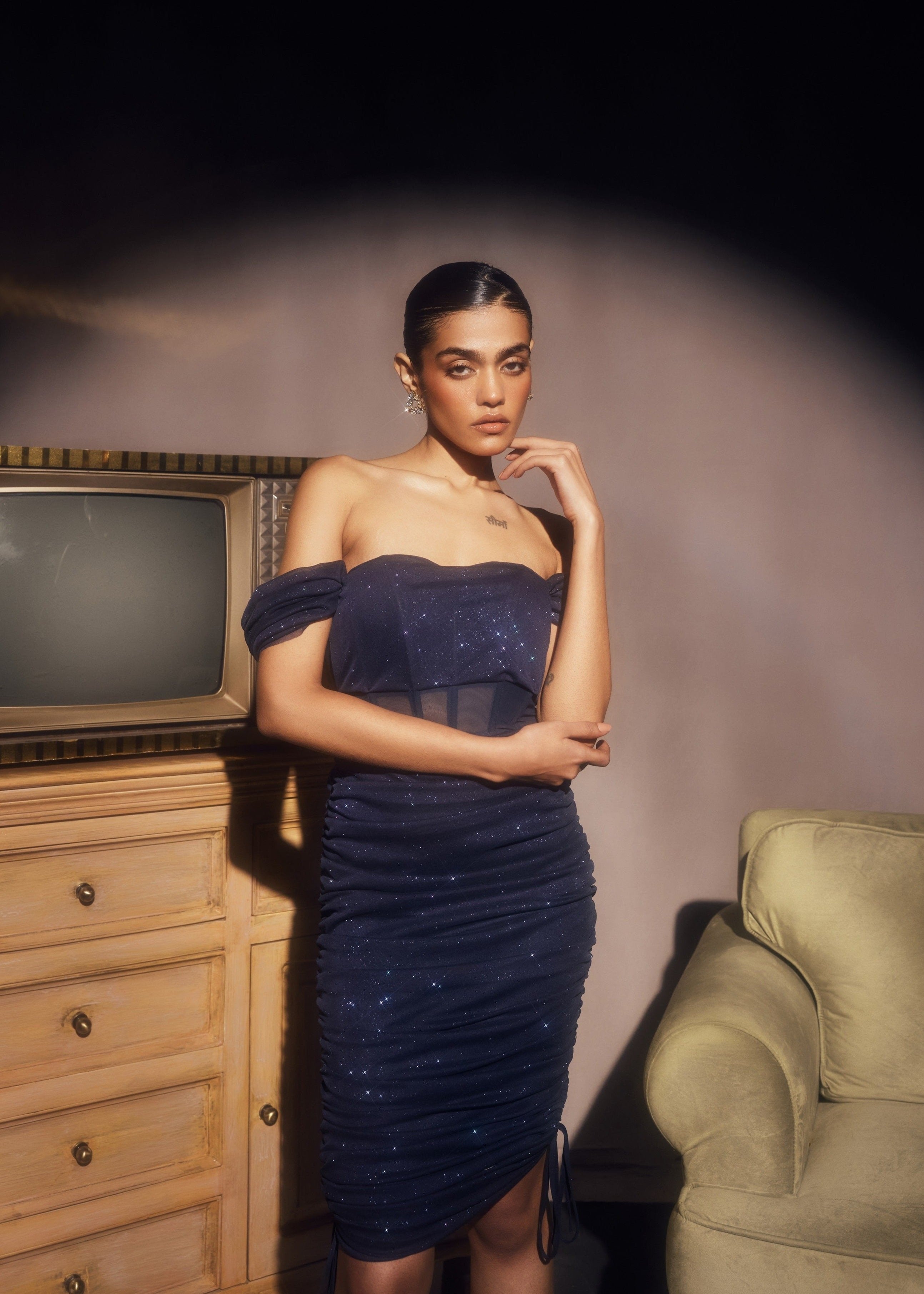 Cassia Sapphire Glitter Mesh Midi Corset Dress, showcasing a dazzling glitter mesh with a sophisticated corset bodice