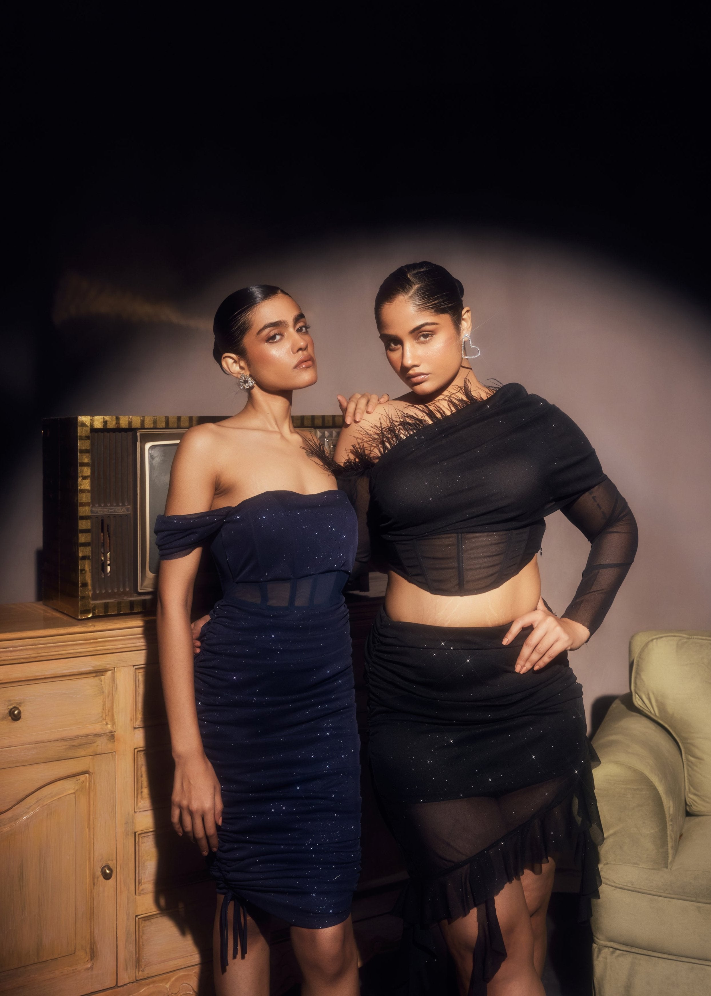 Cassia Sapphire Glitter Mesh Midi Corset Dress, shimmering with glitter and featuring a chic corset bodice