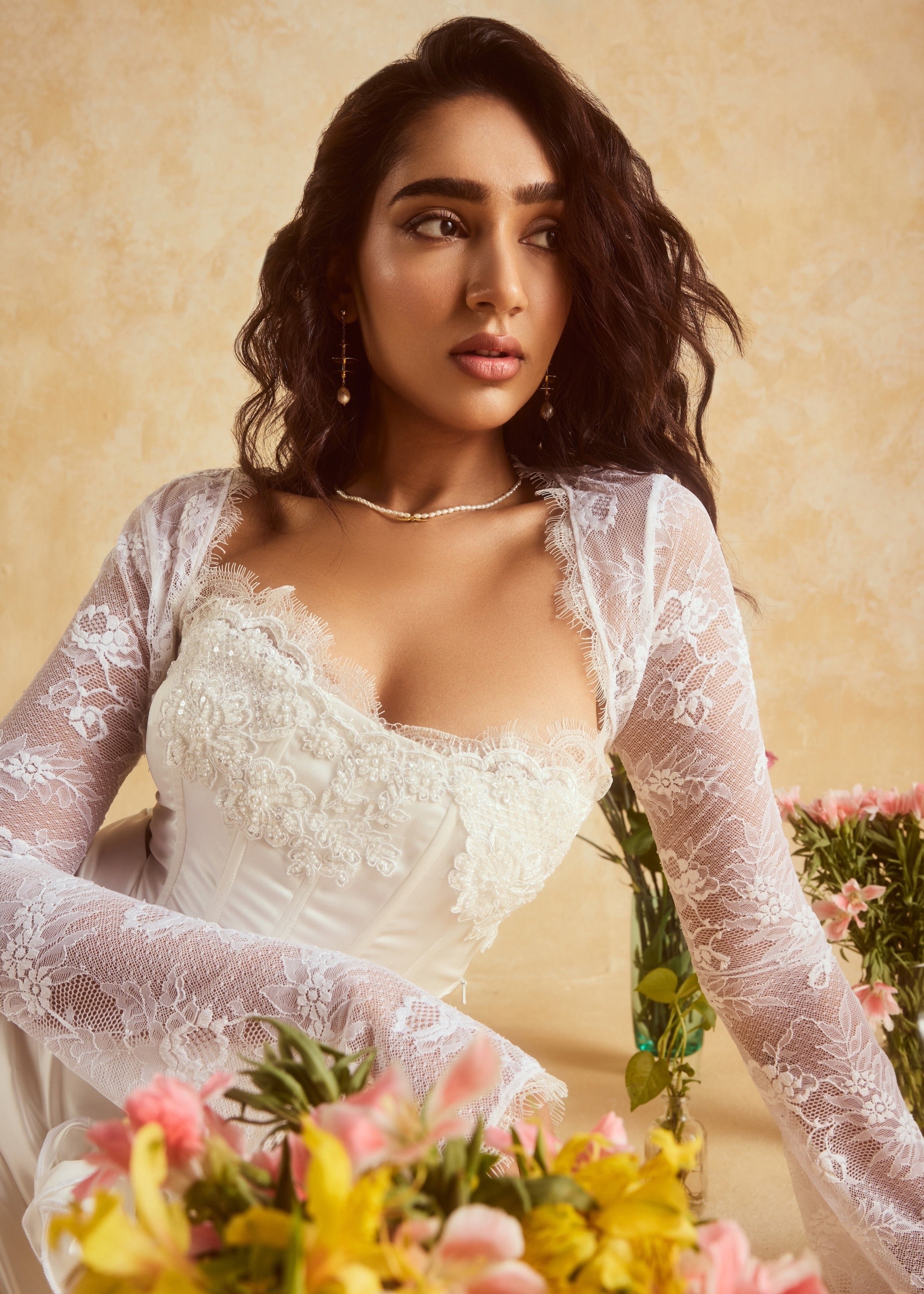 Cataleya White Embellished Corset and Skirt Set, featuring a stunning ensemble adorned with intricate embellishments in crisp white.