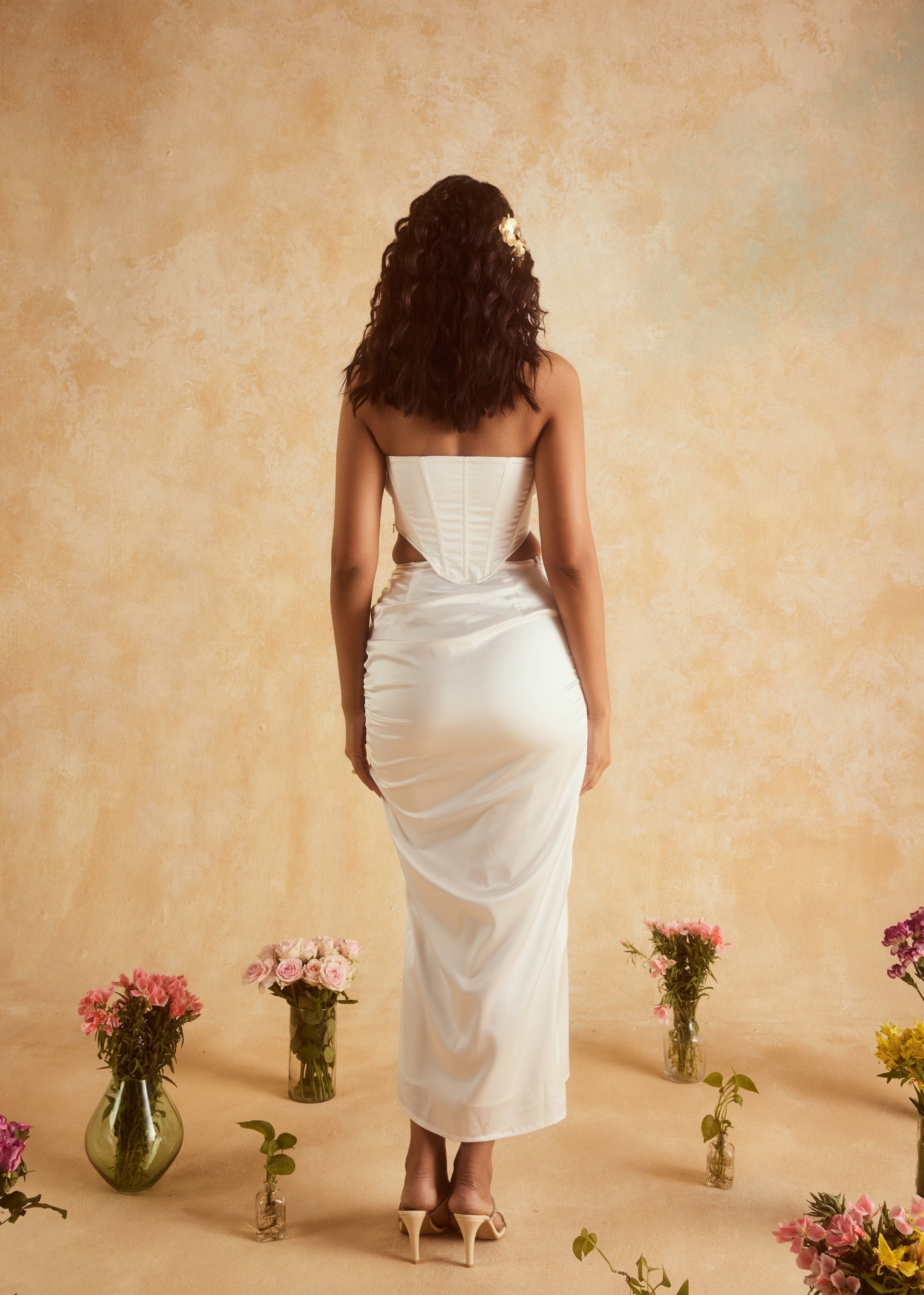 Cataleya White Embellished Corset and Skirt Set, featuring a stunning ensemble adorned with intricate embellishments in crisp white.