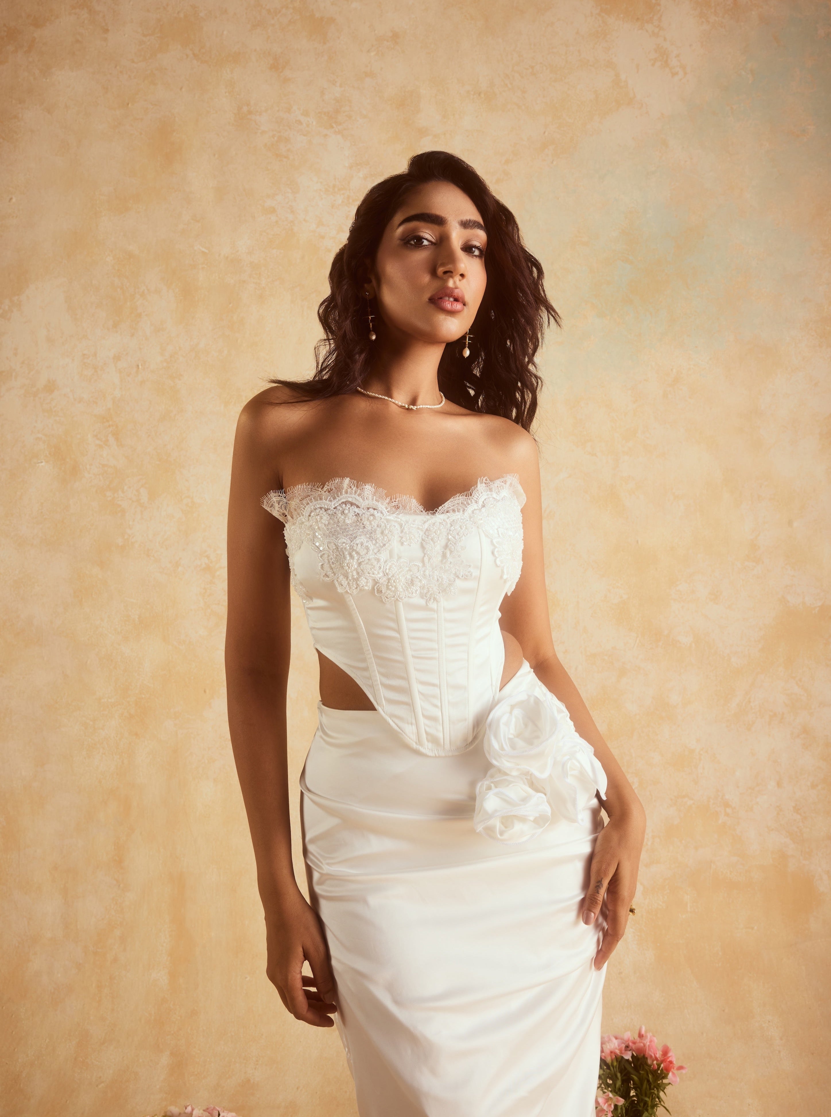 Cataleya White Embellished Corset and Skirt Set, featuring a stunning ensemble adorned with intricate embellishments in crisp white.