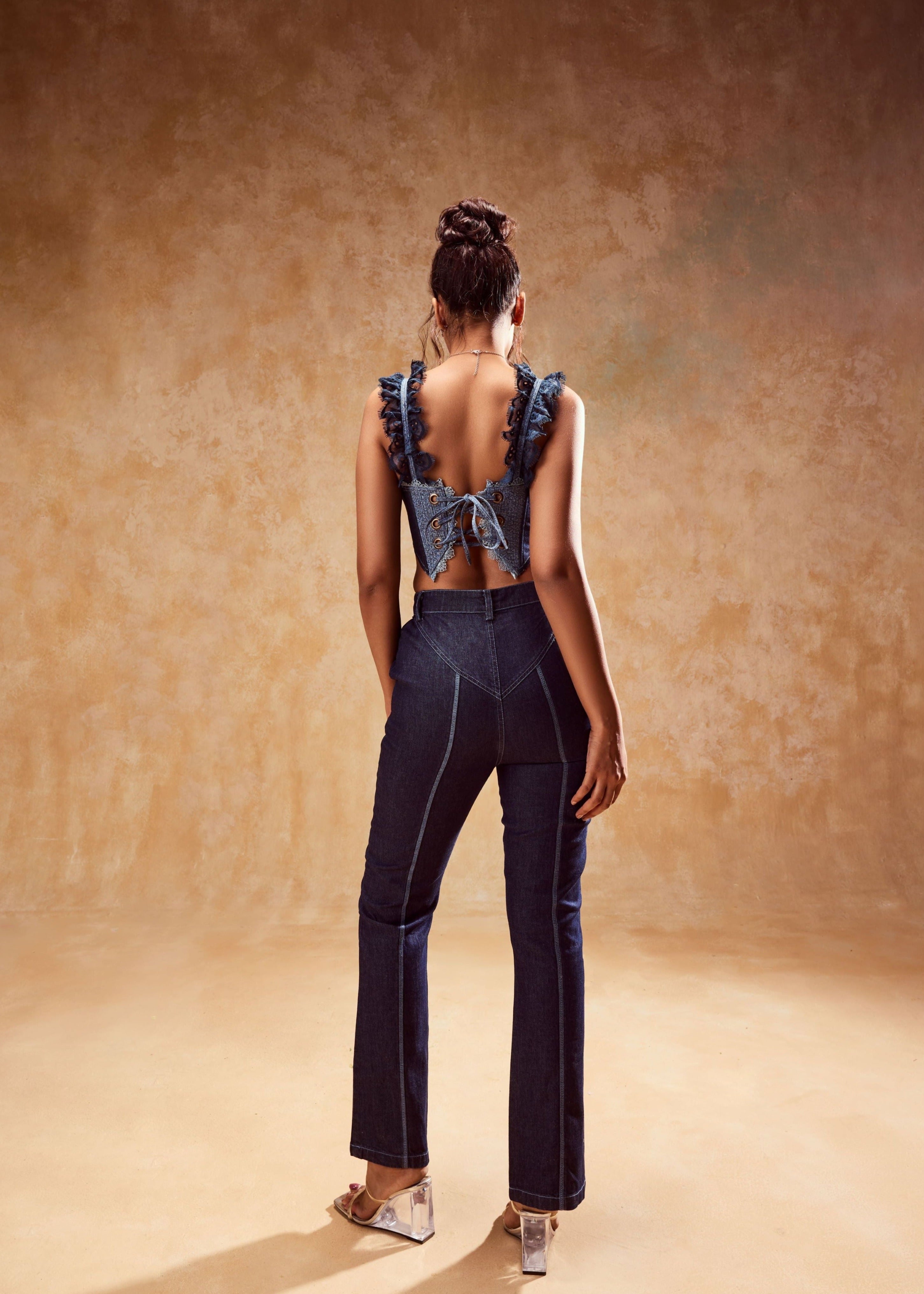 "Stylish Charlotte Denim Corset and Pants Set with a Modern Edge."