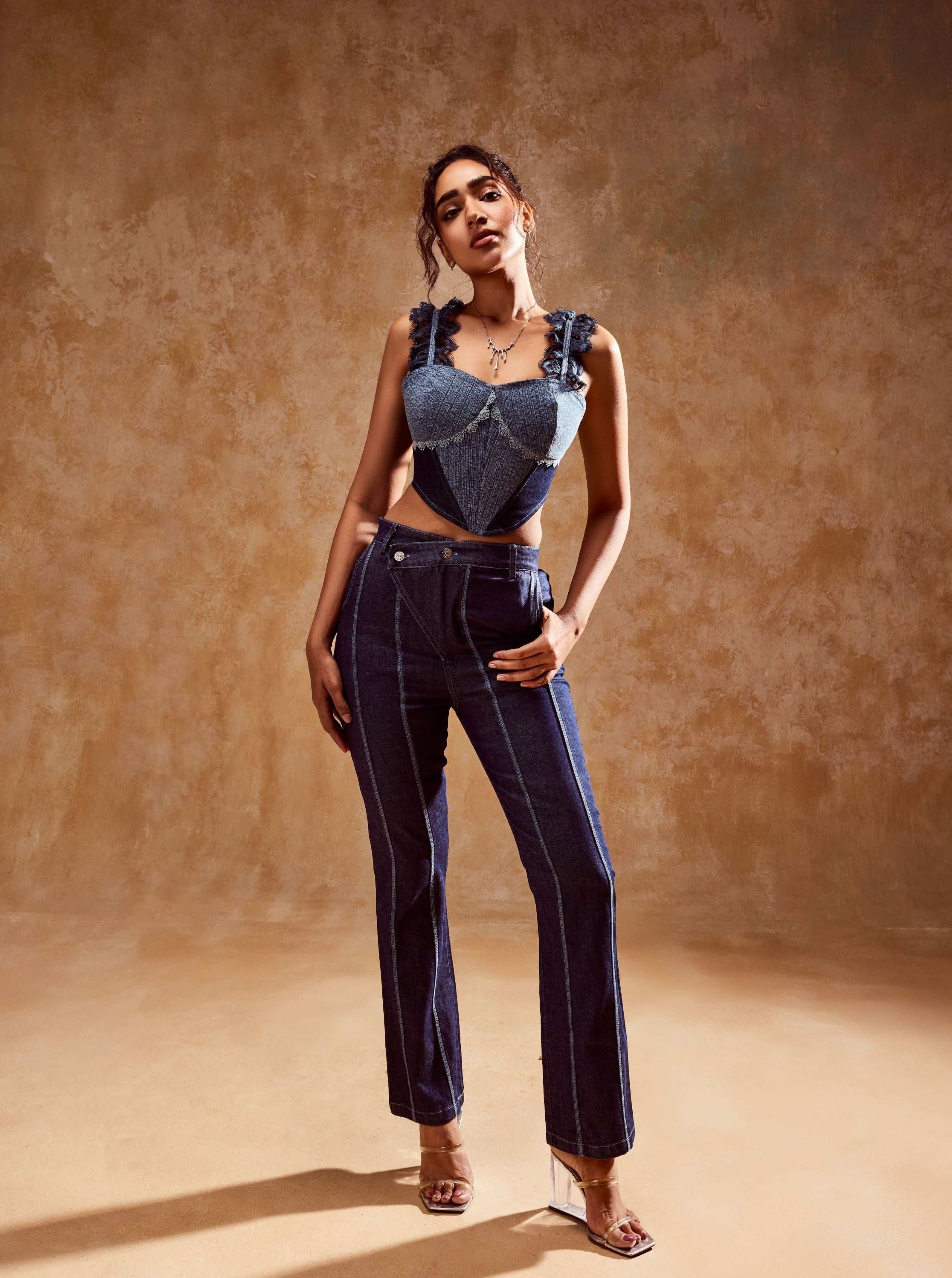 "Stylish Charlotte Denim Corset and Pants Set with a Modern Edge."