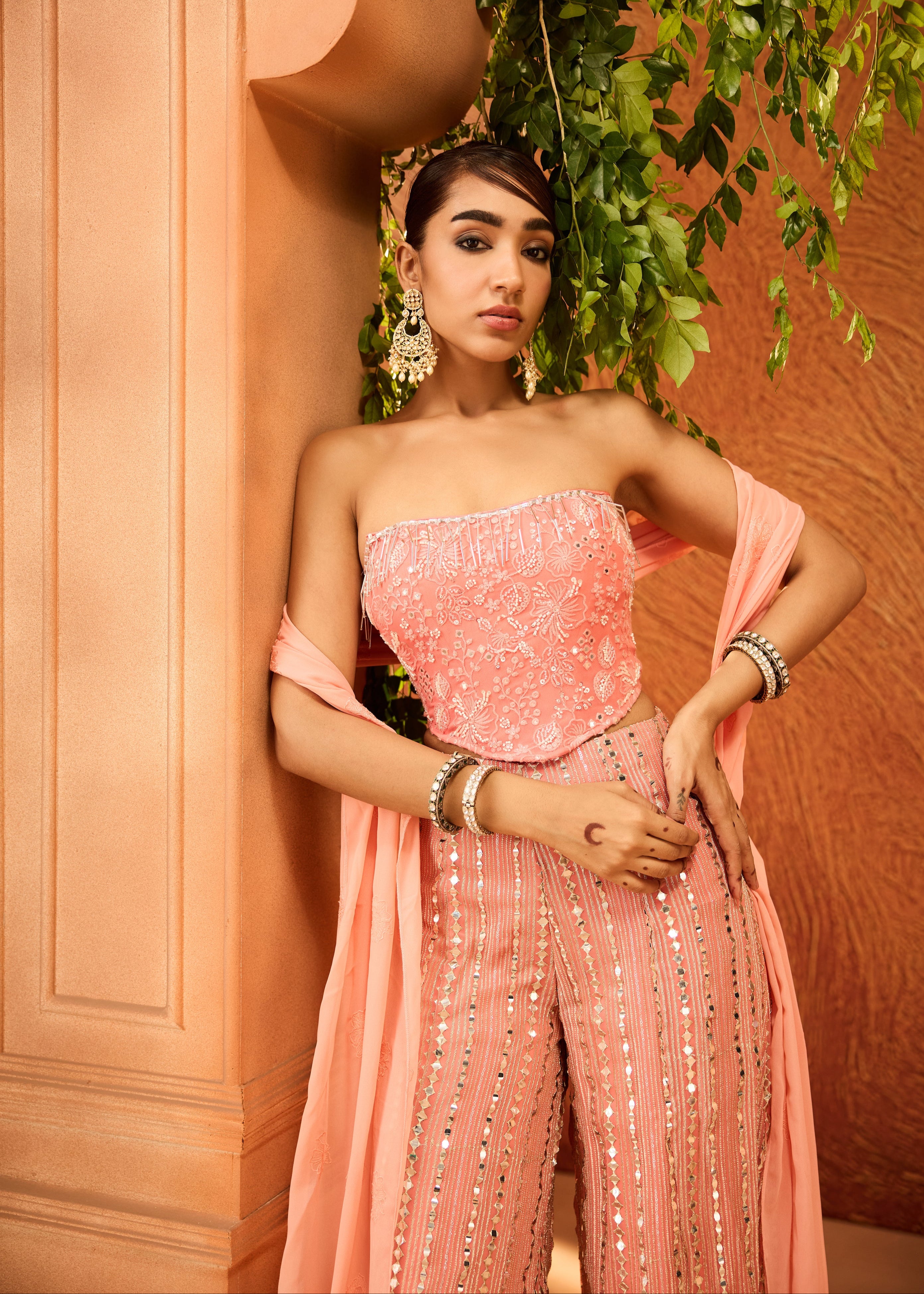 Charvi Peach and Pink Corset Gharara Set with Dupatta