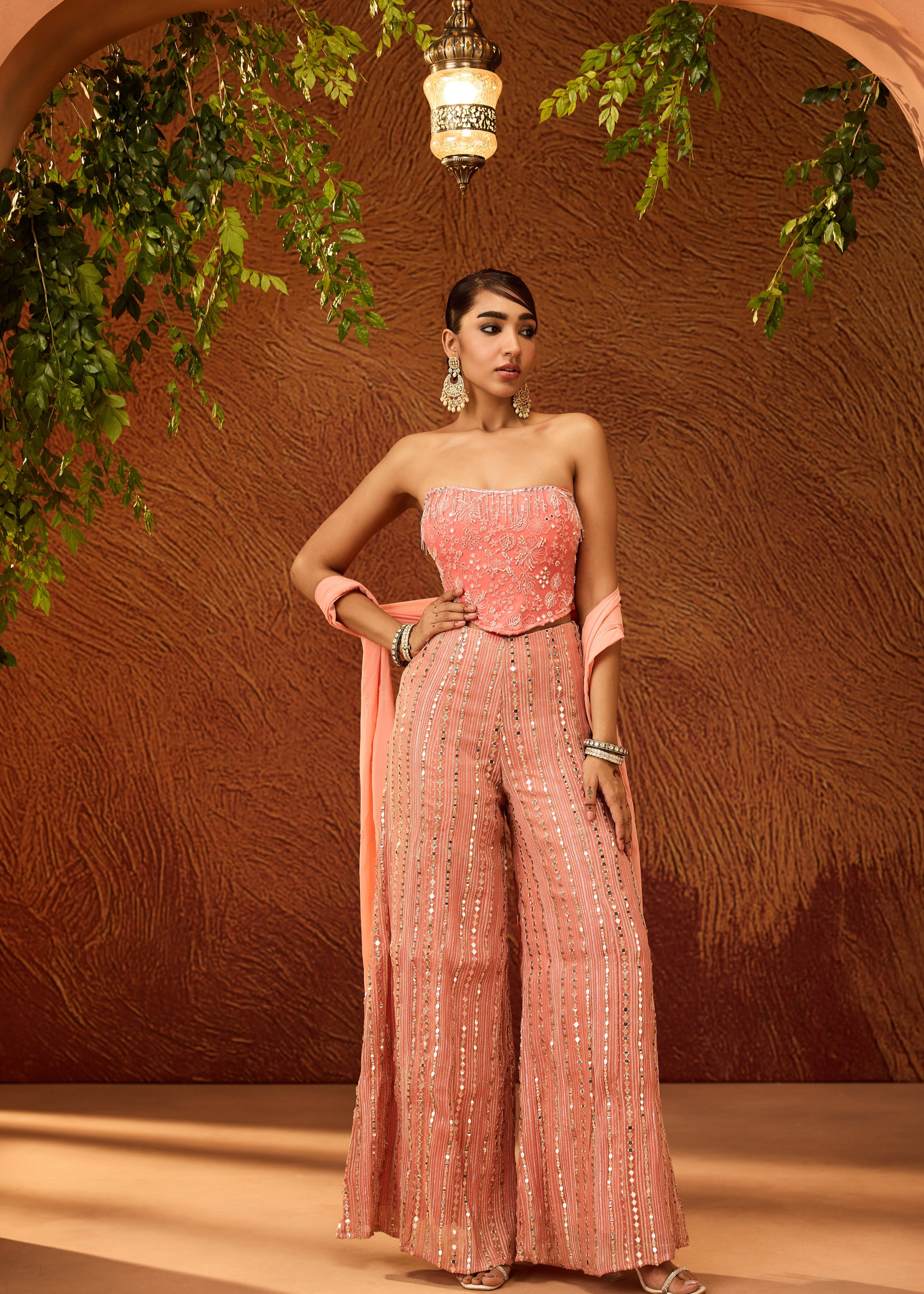 Charvi Peach and Pink Corset Gharara Set with Dupatta