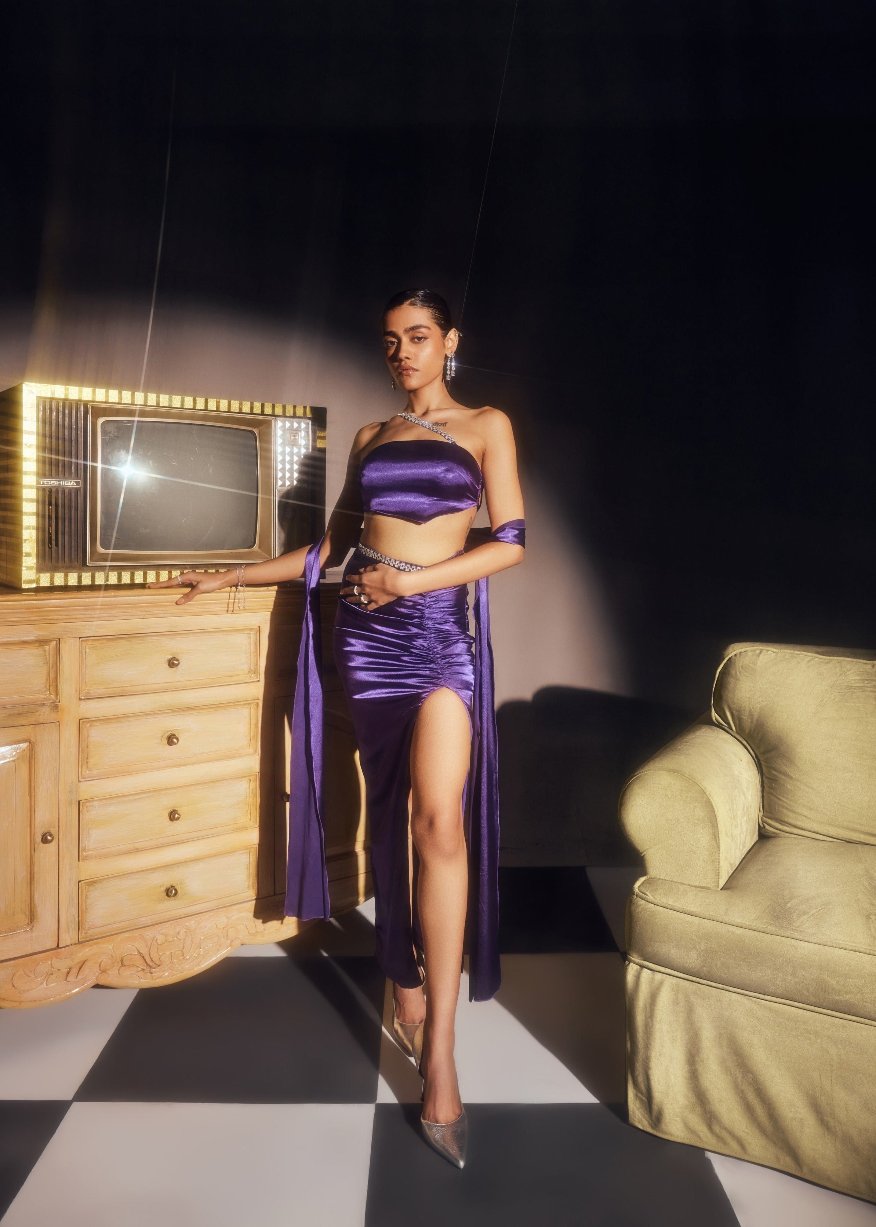 Cheyenne Violet Satin Rhinestone Coord Set