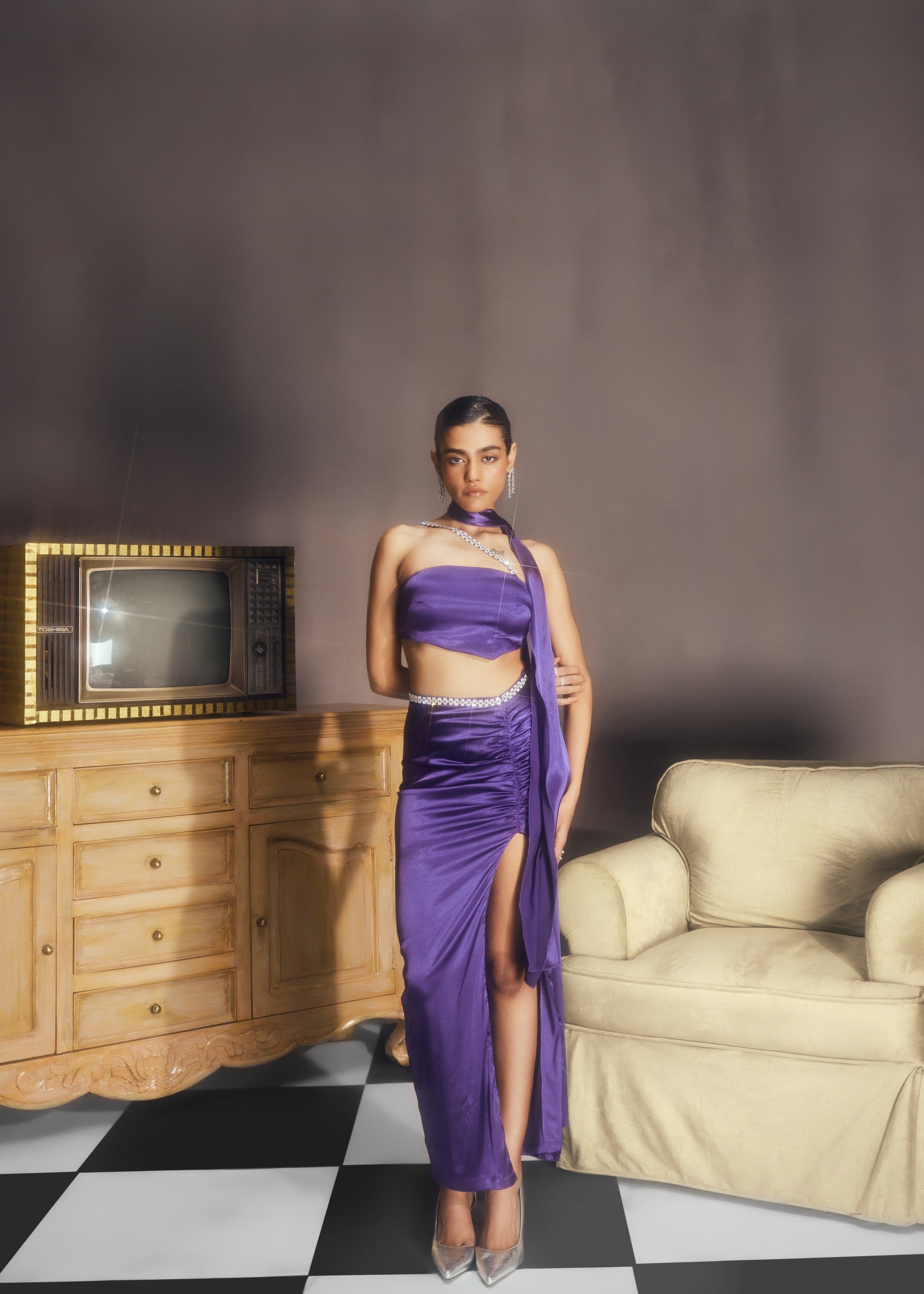 Cheyenne Violet Satin Rhinestone Coord Set