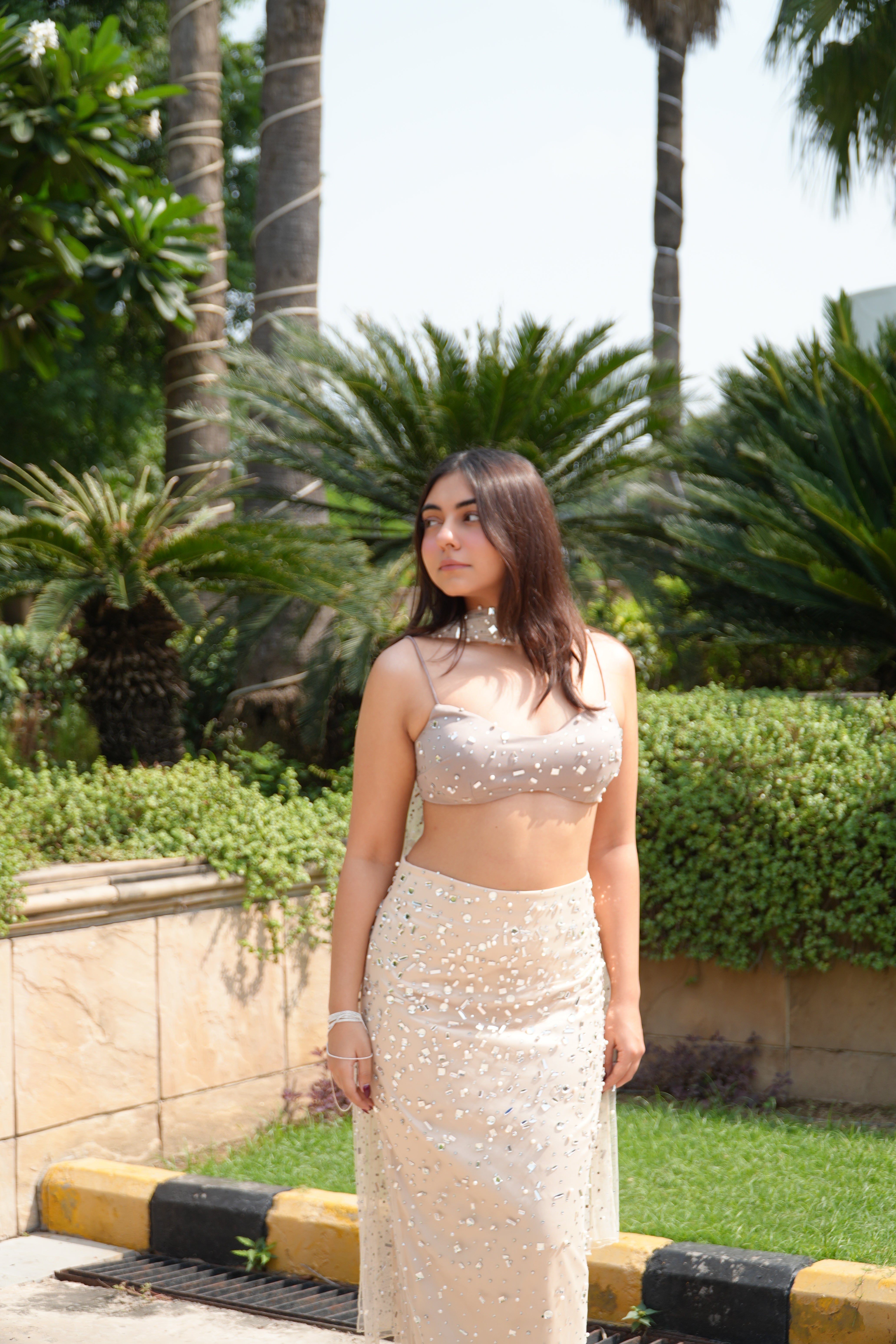 Alfiya Taupe Rhinestone-Embellished Skirt and Blouse Set