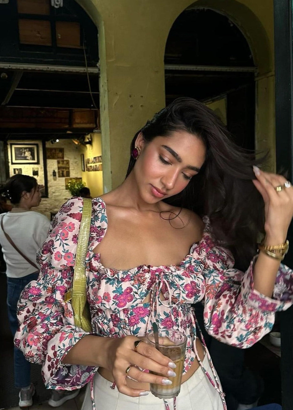 Dianna Embroidered Puff Sleeve Corset Top: A stylish corset top with embroidered details and puff sleeves, perfect for a fashionable and elegant look.