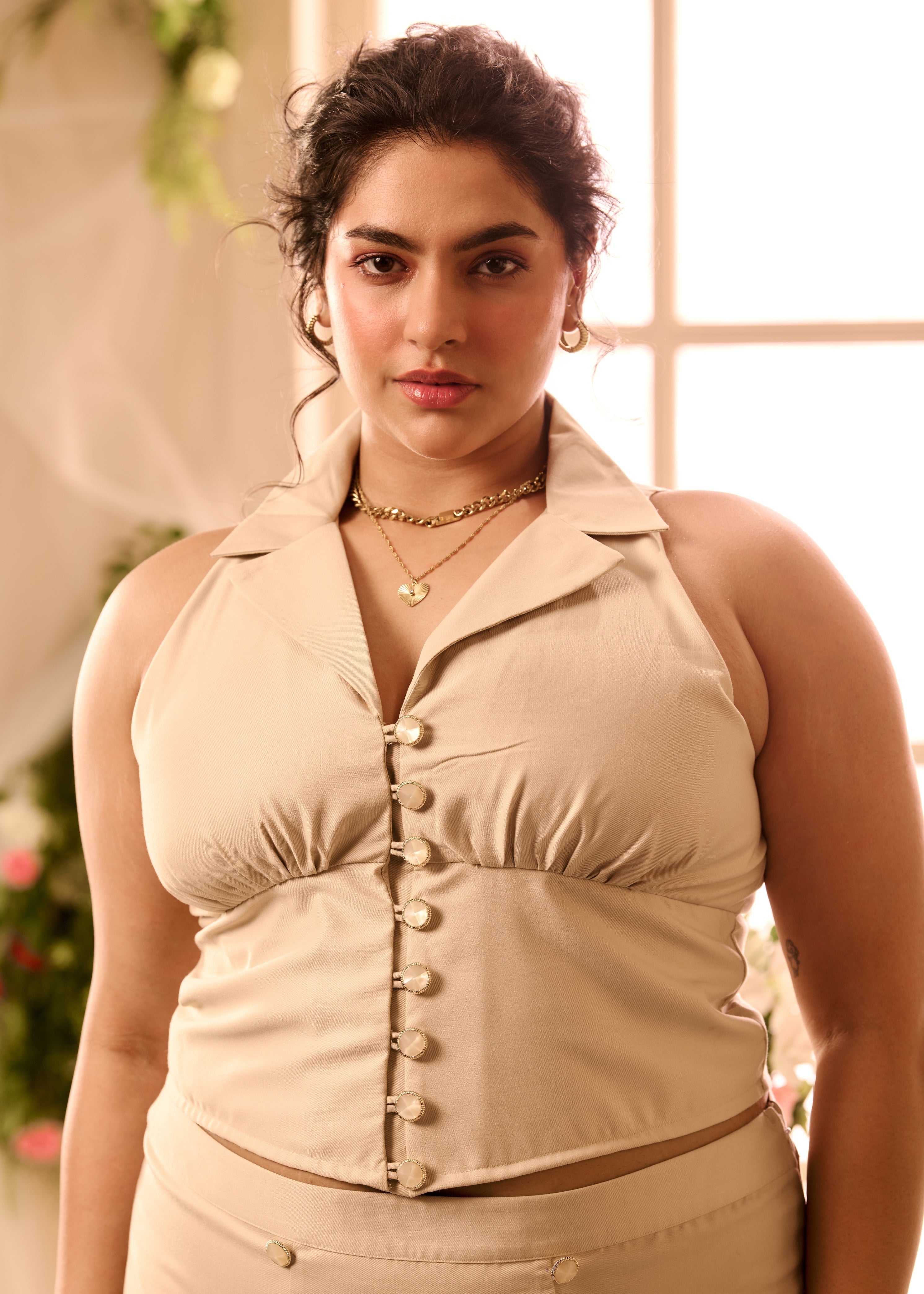 Dimitra Beige Collared Top & Pleated Skirt Set