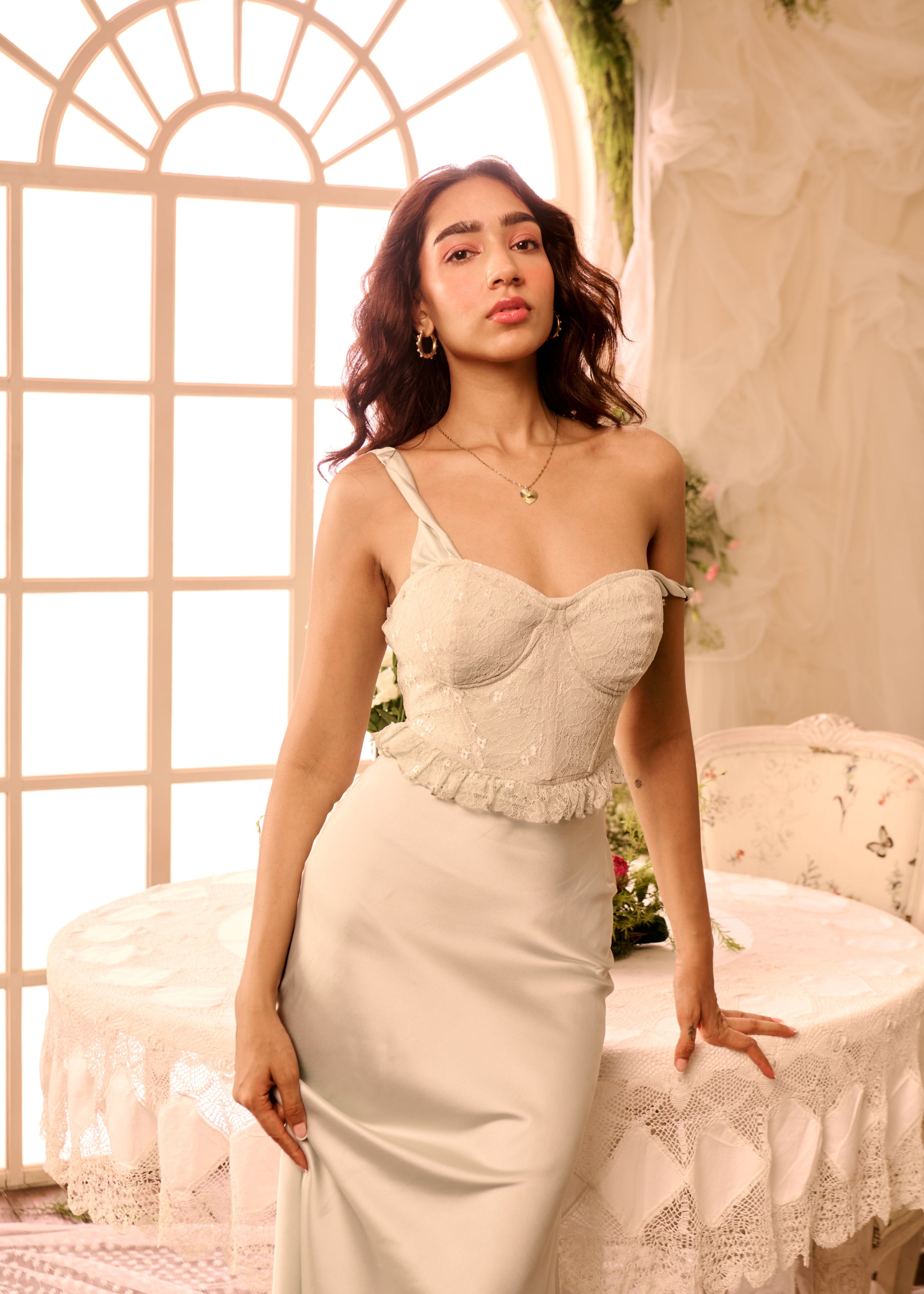 Drew Baby Blue Corset Top And Satin Skirt Set