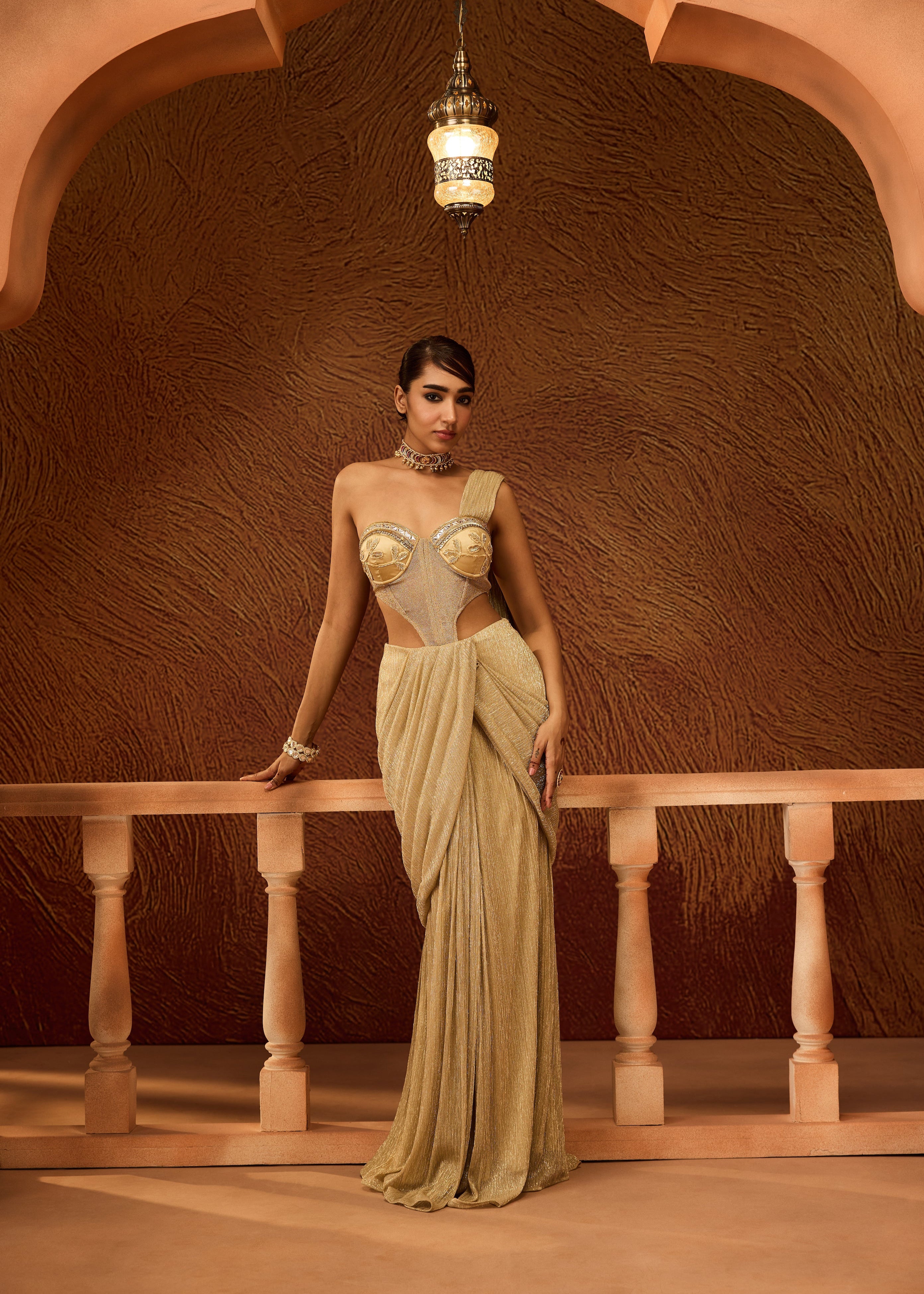 Dyuti Gold Shimmer Pre-Draped Saree Gown
