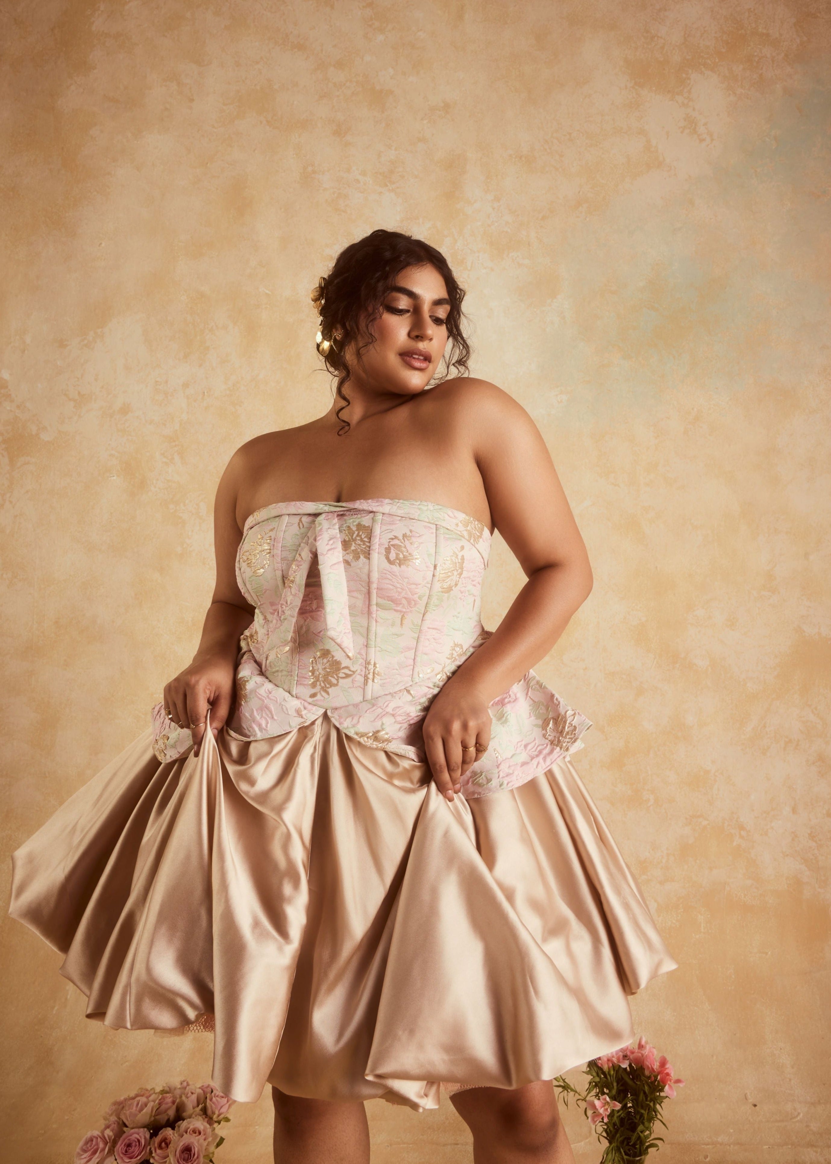 "Elegant Emersyn Blush and Gold Embroidered Jacquard Puff Corset Mini Dress with Luxurious Detailing."