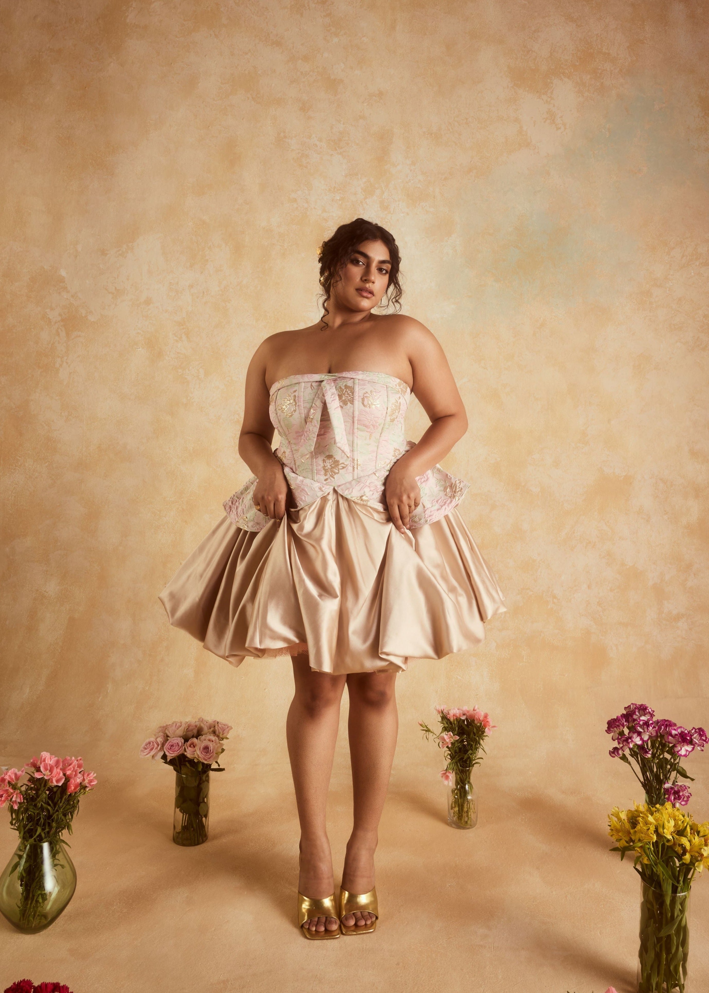 "Elegant Emersyn Blush and Gold Embroidered Jacquard Puff Corset Mini Dress with Luxurious Detailing."