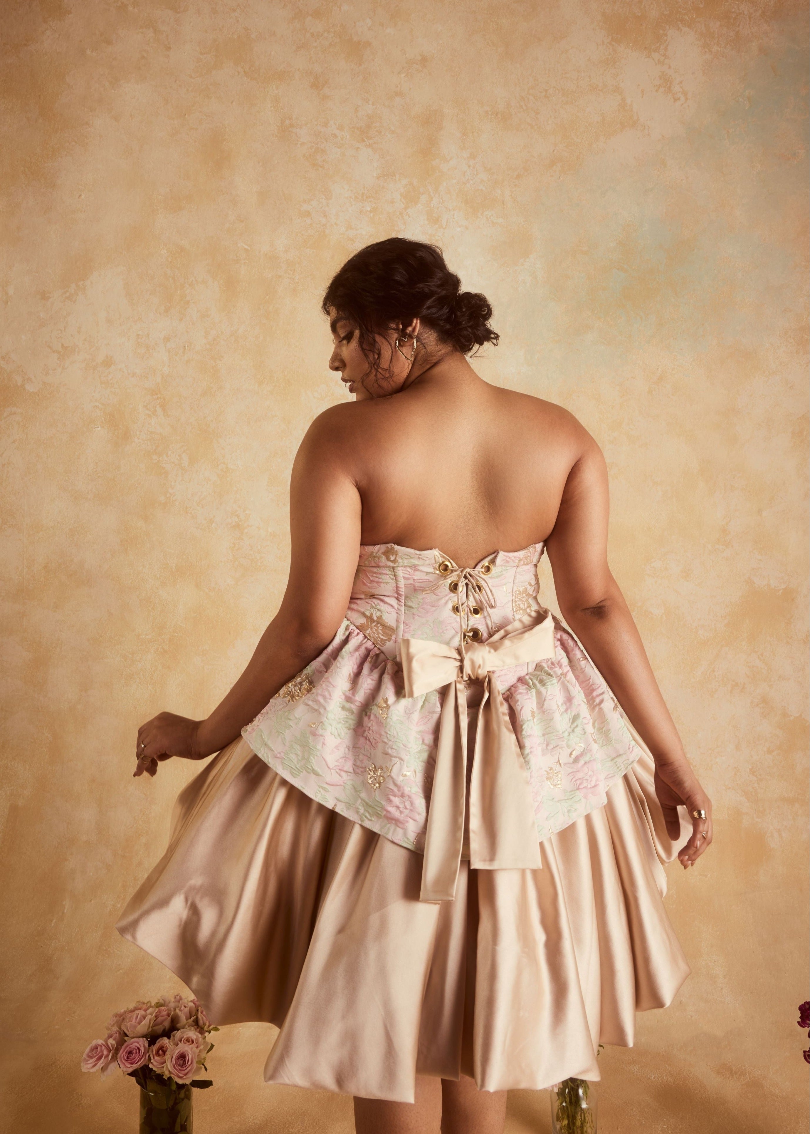 "Elegant Emersyn Blush and Gold Embroidered Jacquard Puff Corset Mini Dress with Luxurious Detailing."